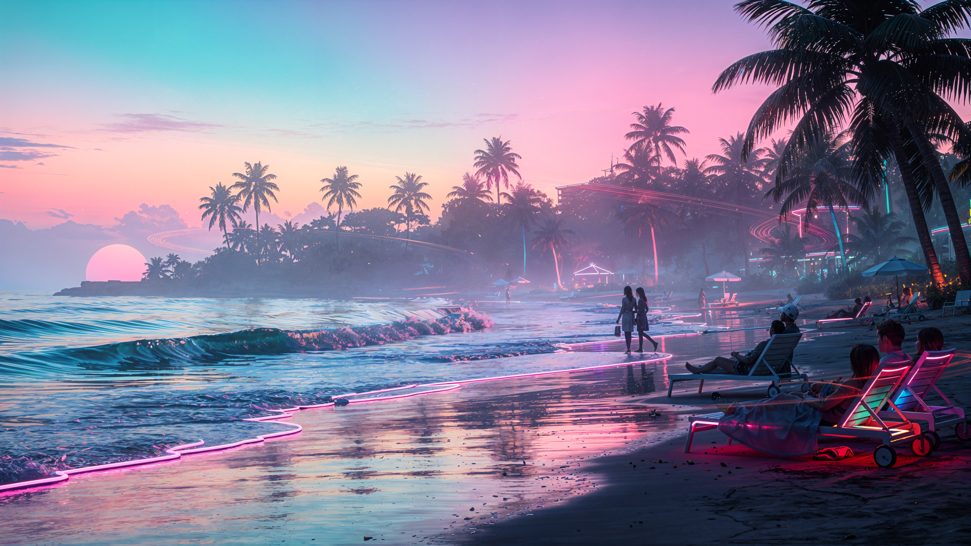 4K Ultra HD PC desktop wallpaper of a neon sunset beach vacation: palm-lined shore, silhouetted figures and loungers, gentle waves reflecting pink and teal light.