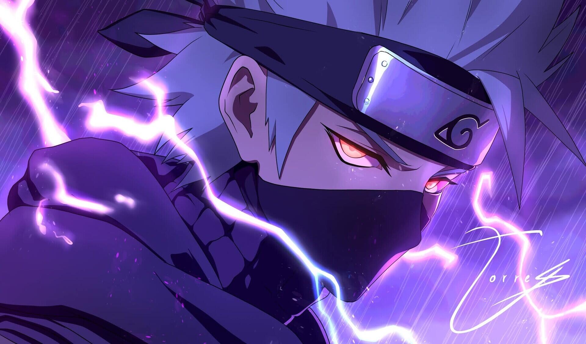 Purple-toned anime HD PC desktop wallpaper of Naruto's Kakashi Hatake, close-up with headband, mask, Sharingan eye and crackling purple lightning.