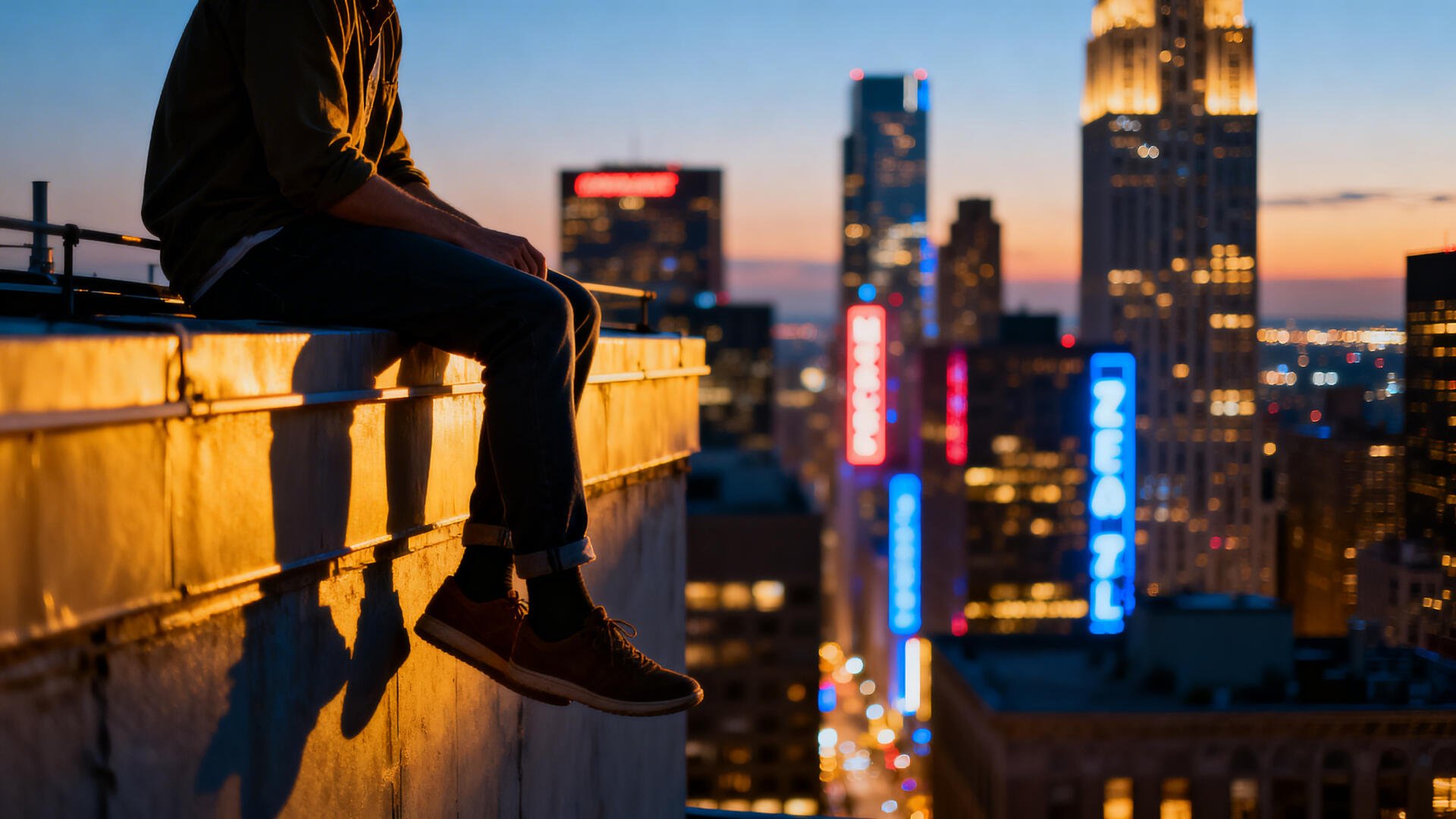 Silhouetted person sitting on a rooftop ledge at dusk overlooking a neon-lit city skyline — 4K Ultra HD PC Desktop Wallpaper and Background.