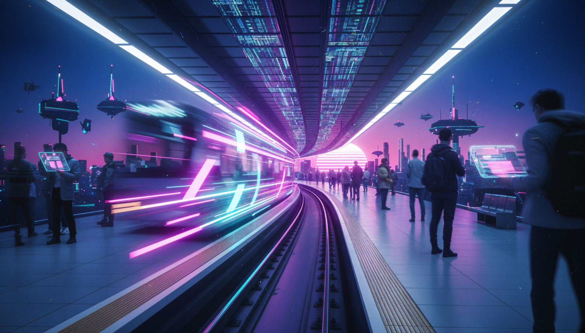 4K Ultra HD PC desktop wallpaper: neon cyberpunk train station with curved tracks, glowing light trails and silhouetted commuters beneath magenta and cyan lights.