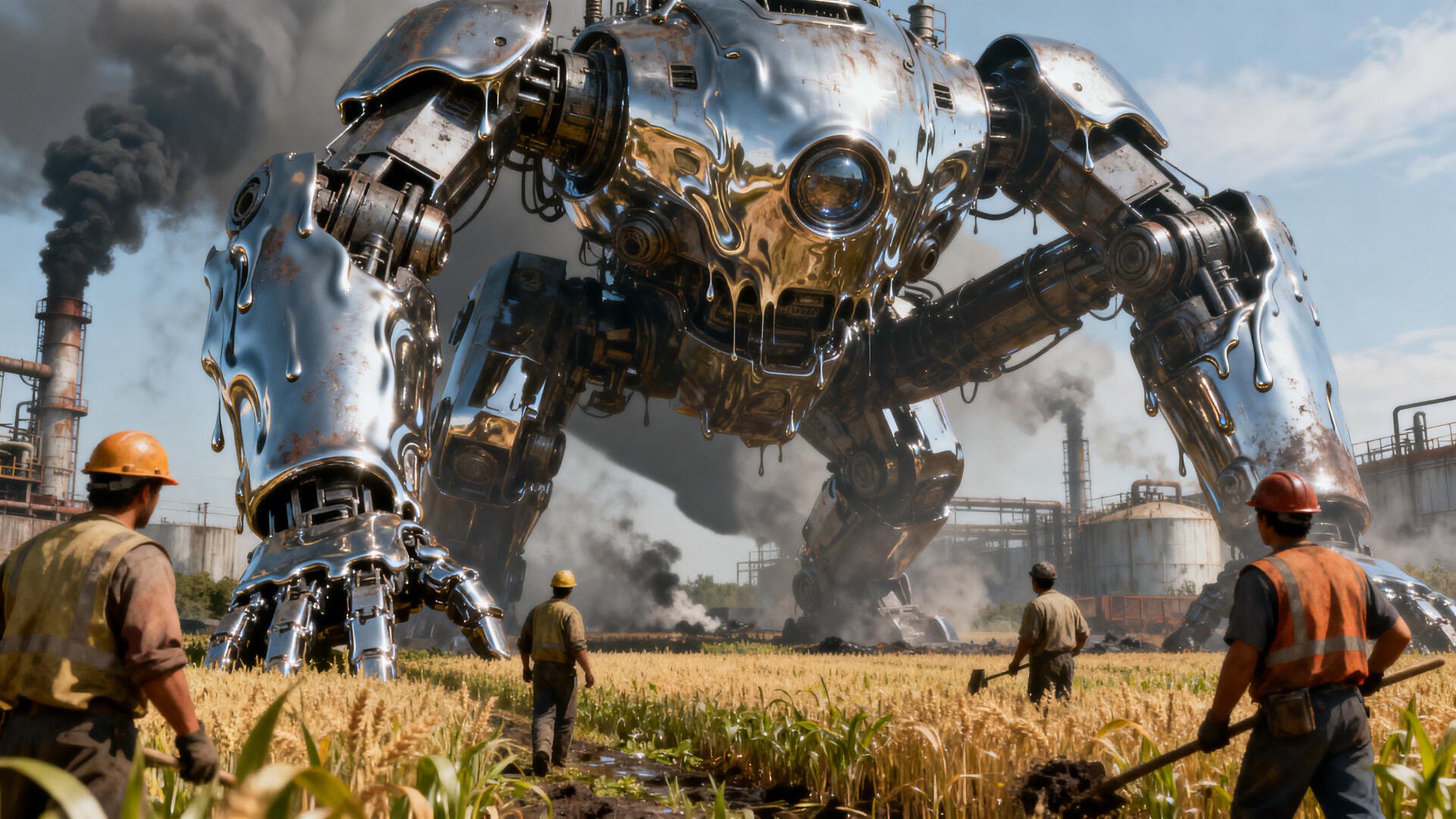 4K Ultra HD PC desktop wallpaper and background showing a towering chrome spider-mech advancing through a wheat field as laborers in hard hats watch, industrial plants and smoke on the horizon.
