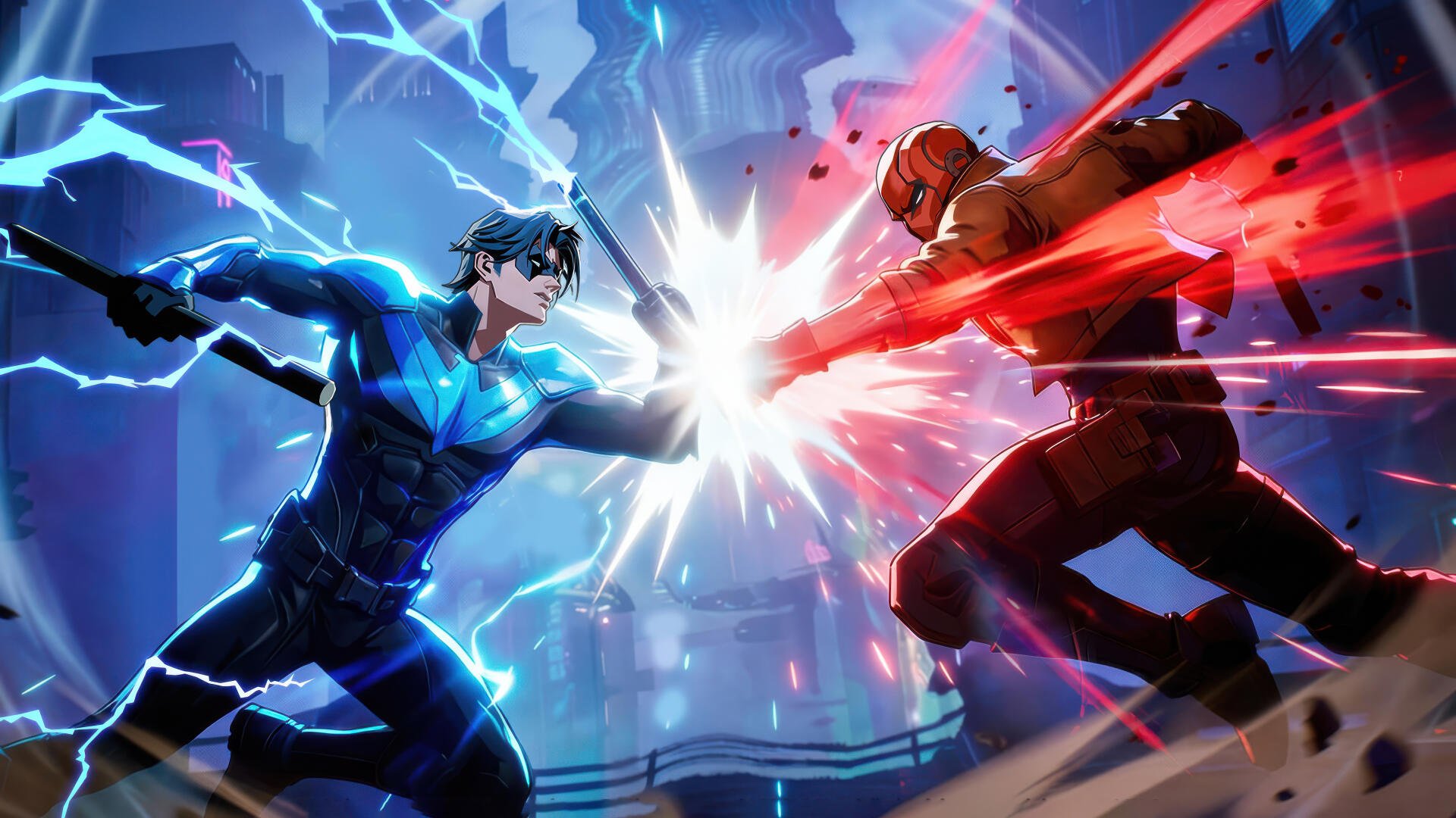 4K Ultra HD PC desktop wallpaper from mobile game DC: Dark Legion — Nightwing and Red Hood clash in a lightning-charged confrontation, blue and red energy exploding between them.