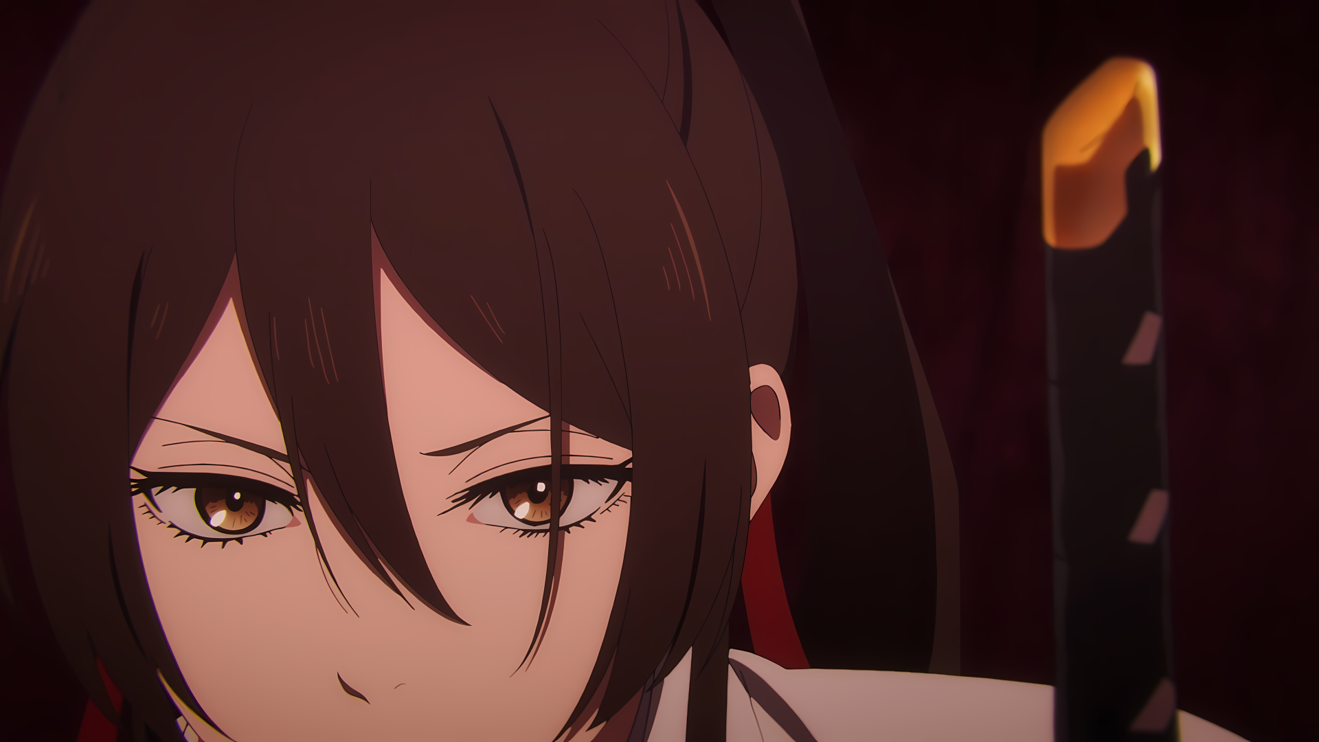 Close-up anime portrait of Yamada Asaemon Sagiri from Hell's Paradise with brown hair and brown eyes, 4K Ultra HD PC desktop wallpaper.