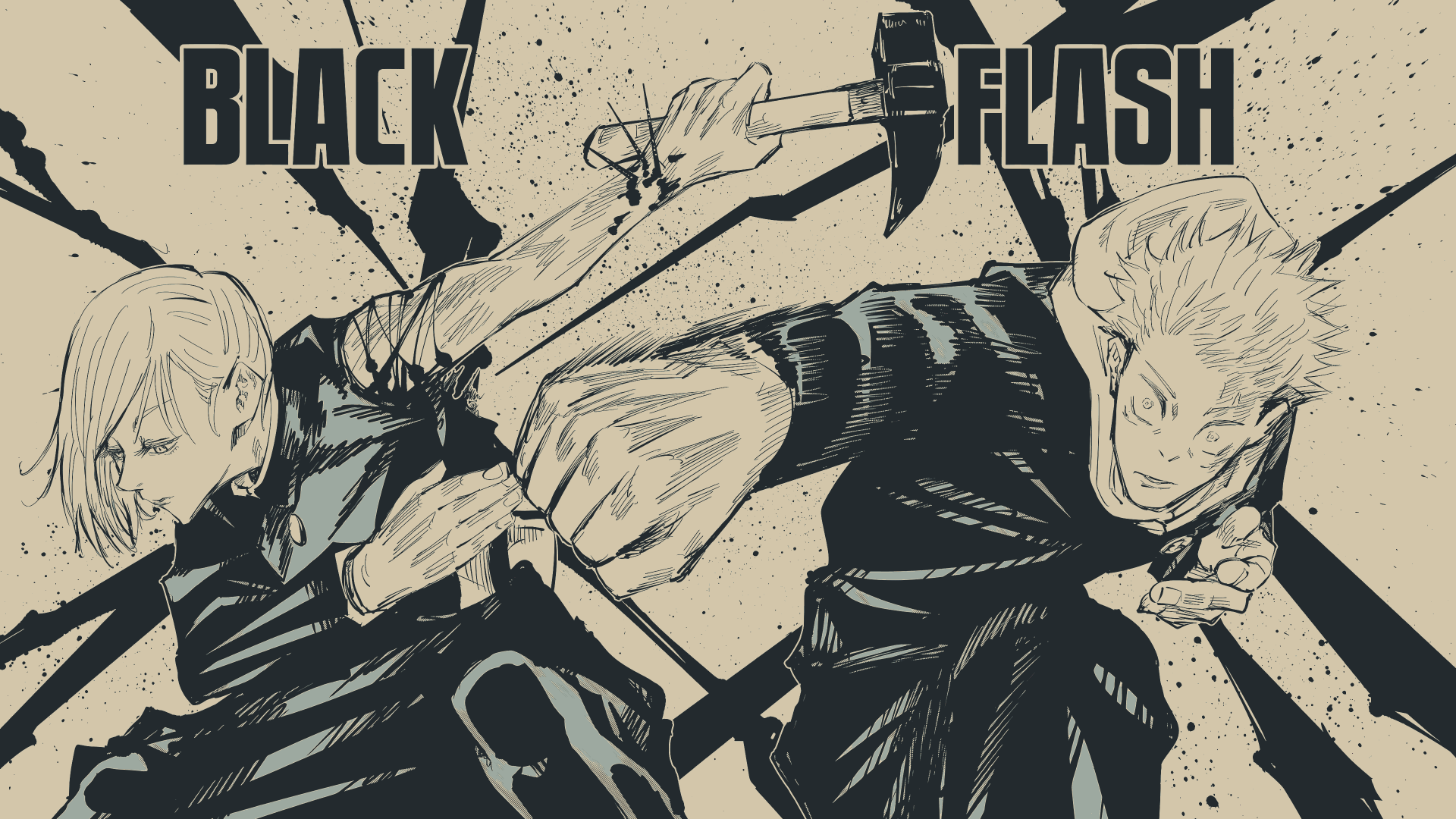 4K Ultra HD PC desktop wallpaper/background: manga-style Jujutsu Kaisen action, Nobara Kugisaki and Yuji Itadori mid-punch in a dynamic monochrome composition