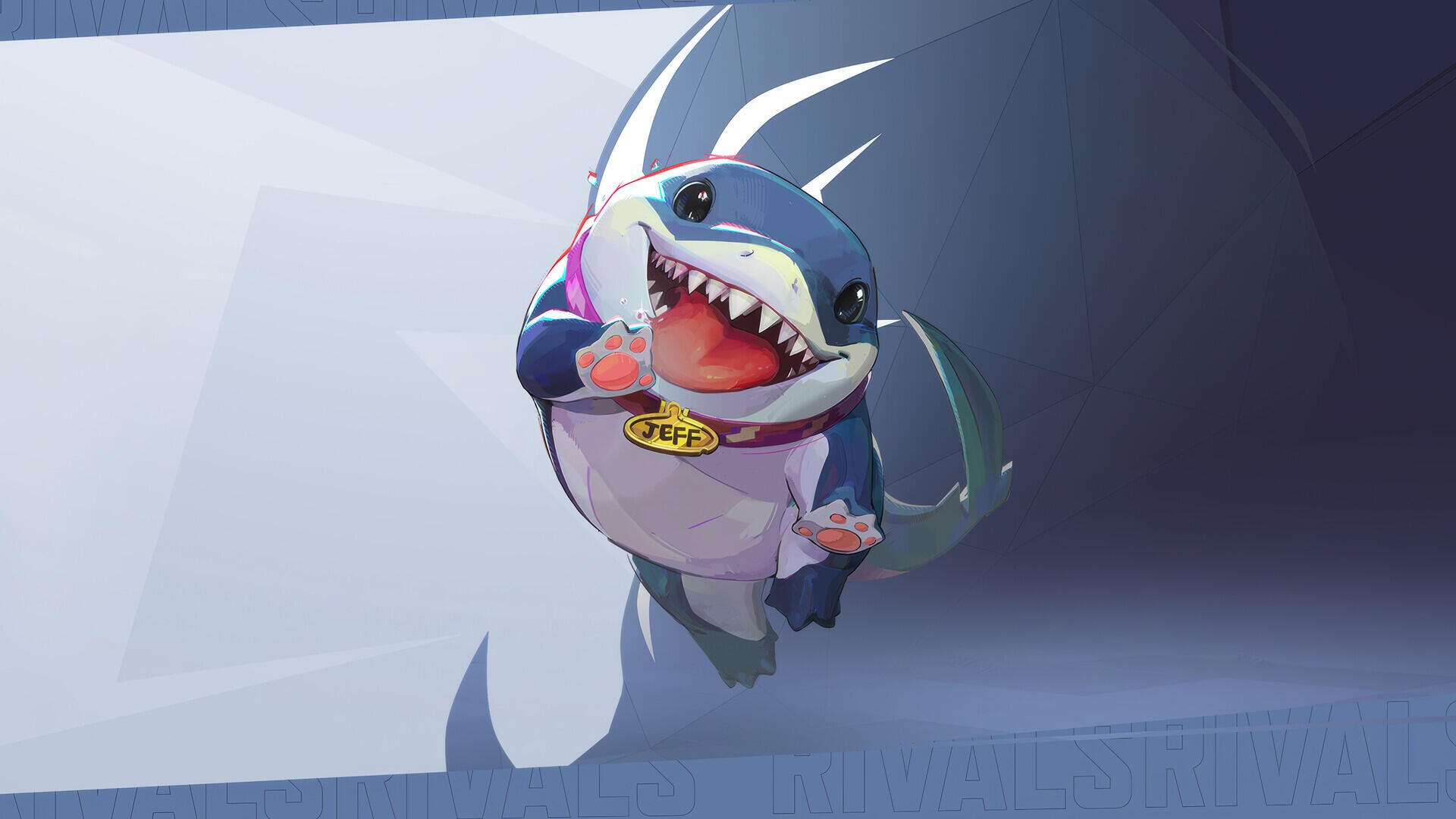 Jeff the Land Shark from Marvel Rivals leaps with a grin and tiny paws, collar tag visible — HD PC desktop wallpaper/background for the video game.
