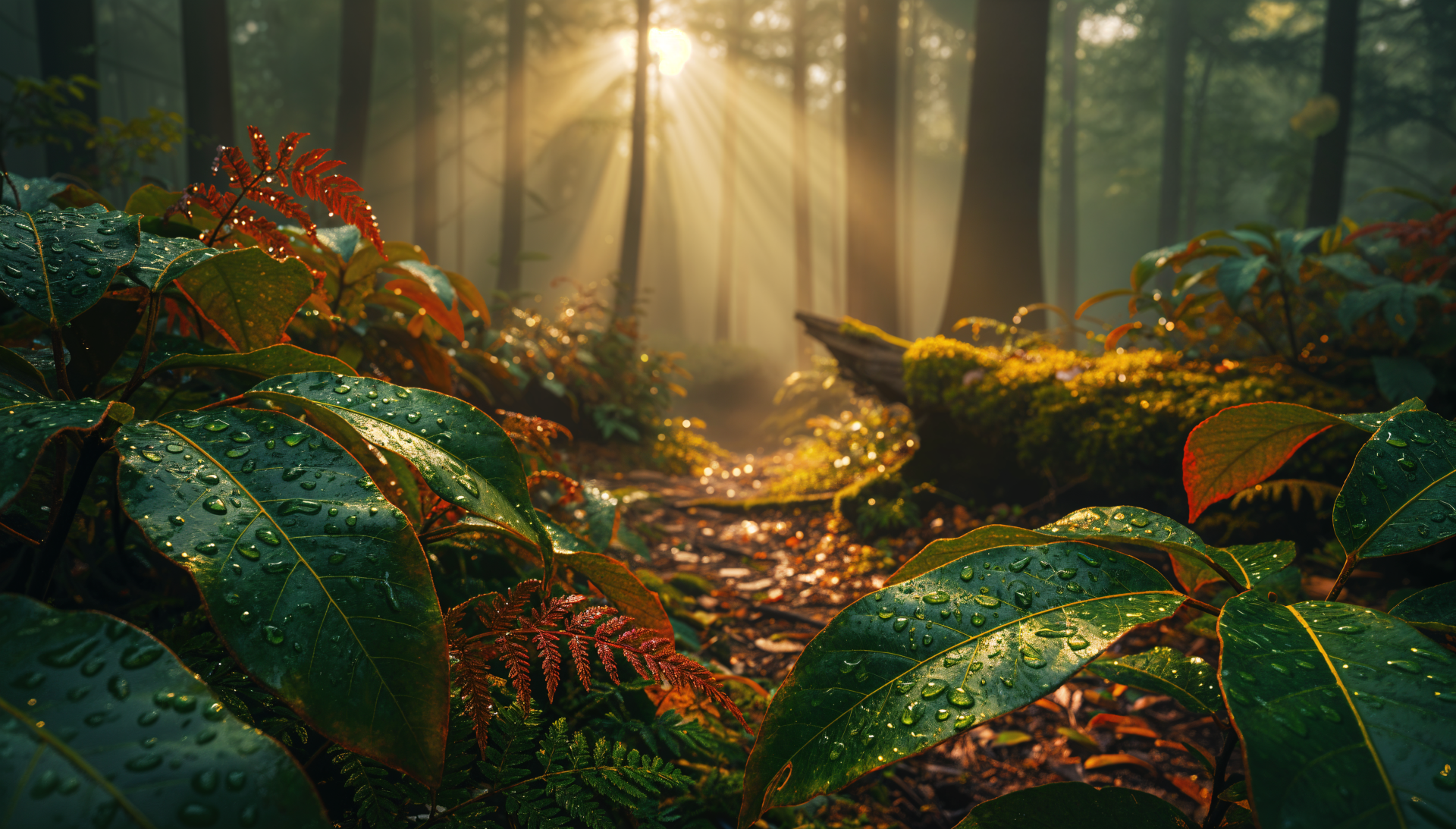 4K Ultra HD PC desktop wallpaper: sun-dappled forest floor with dewy foliage, ferns and mossy path leading into misty, towering pine trees.