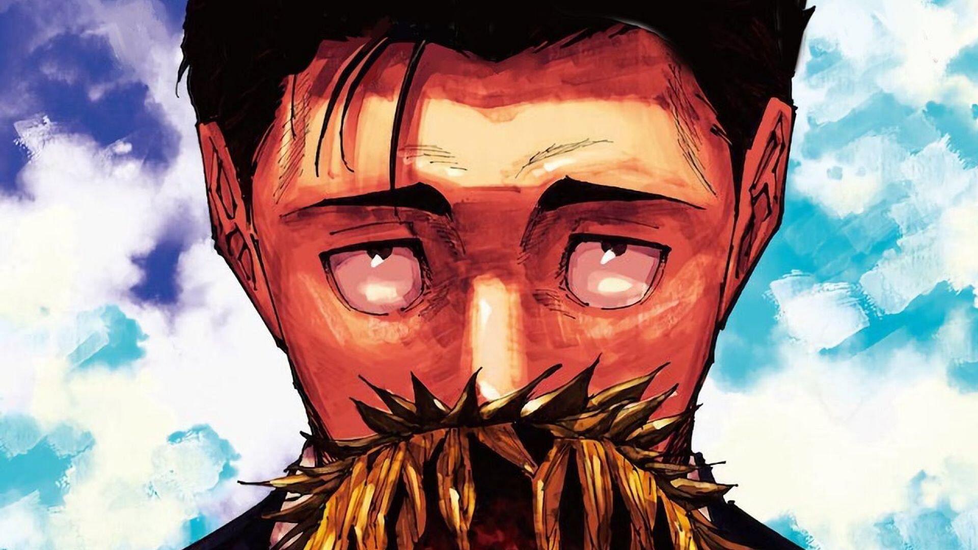 Manga close-up of Hiromi Higuruma (Jujutsu Kaisen) with pale eyes and a spiky shadow over his mouth against a blue sky — vivid HD PC desktop wallpaper.