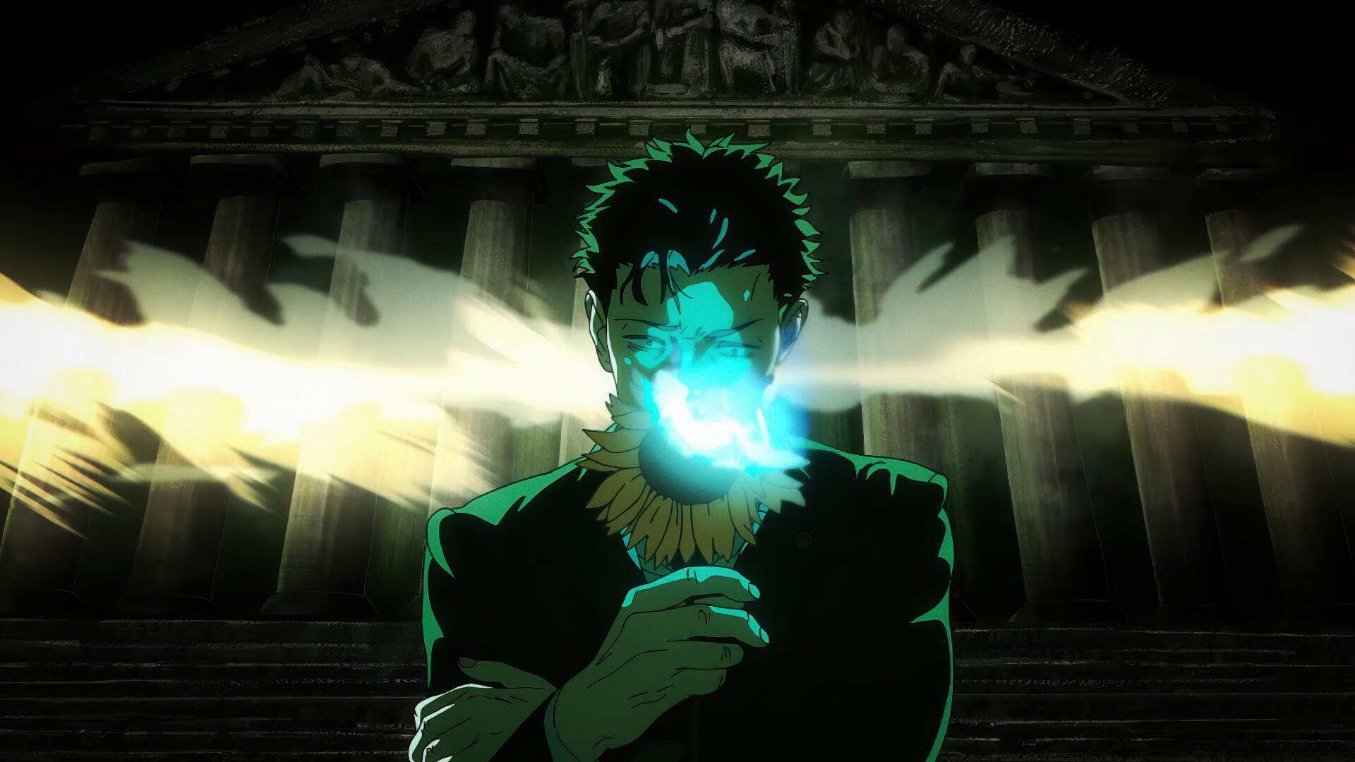 Hiromi Higuruma (Jujutsu Kaisen) unleashing a blue curse blast, silhouetted before temple columns — 4K Ultra HD PC manga desktop wallpaper, Jujutsu Kaisen 3rd Season.