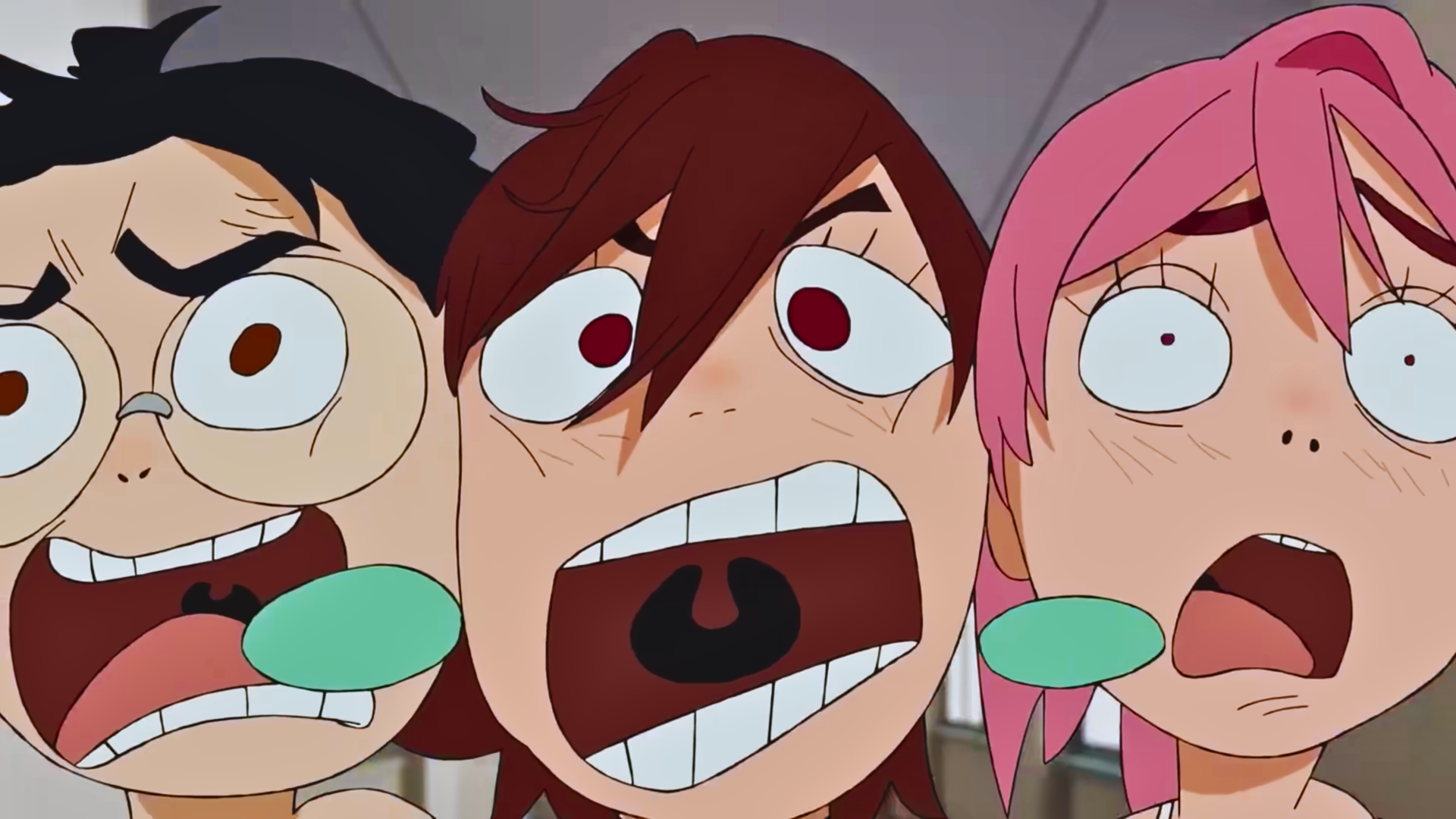 Funny Dandadan 4K Ultra HD PC desktop wallpaper: close-up of Momo Ayase and Aira Shiratori making exaggerated, wide-mouthed shocked faces against a simple background.