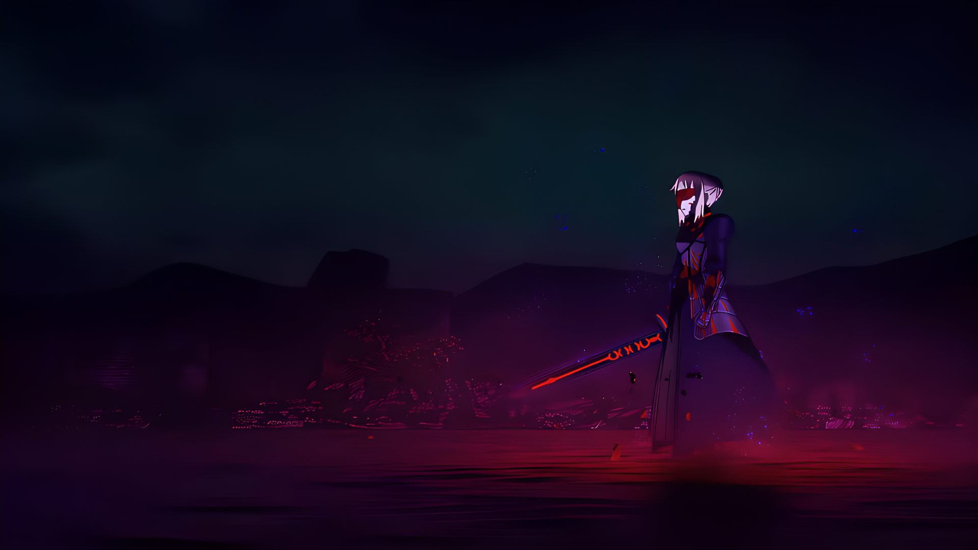 Saber from the Fate series, anime girl in battle stance holding a glowing red sword on a dark, moody 4K Ultra HD PC desktop wallpaper background.
