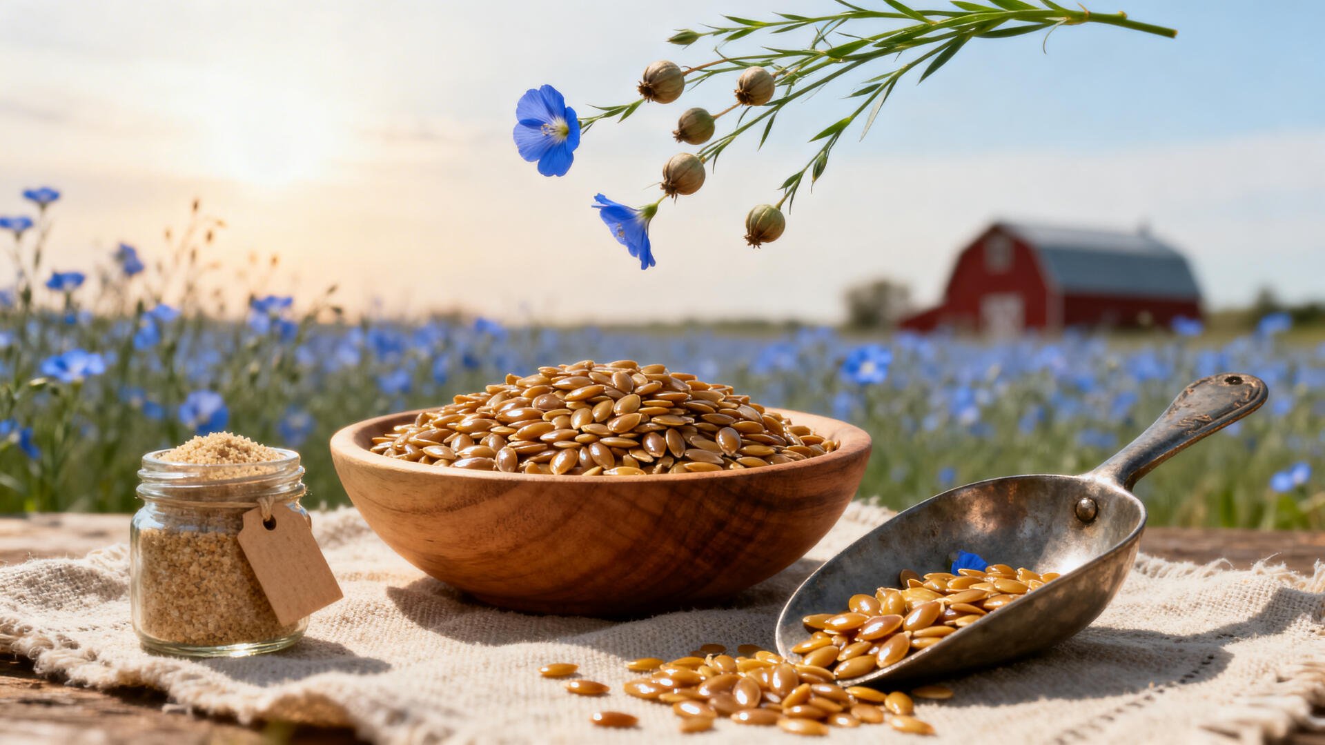 4K Ultra HD PC desktop wallpaper: wooden bowl and metal scoop of golden flax seeds on a linen cloth, small jar, blue flax flowers and a red barn in a sunlit field.