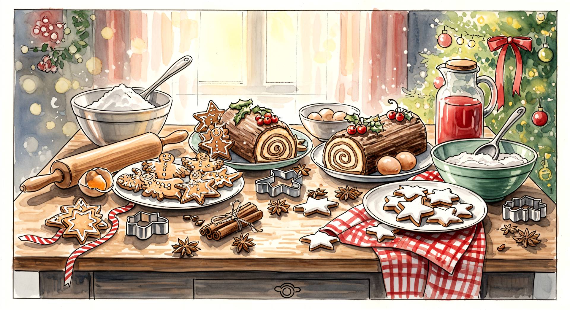 Holiday baking scene with cookies, yule logs, rolling pin, bowls and spices on a sunlit counter — 4K Ultra HD PC desktop wallpaper and background.