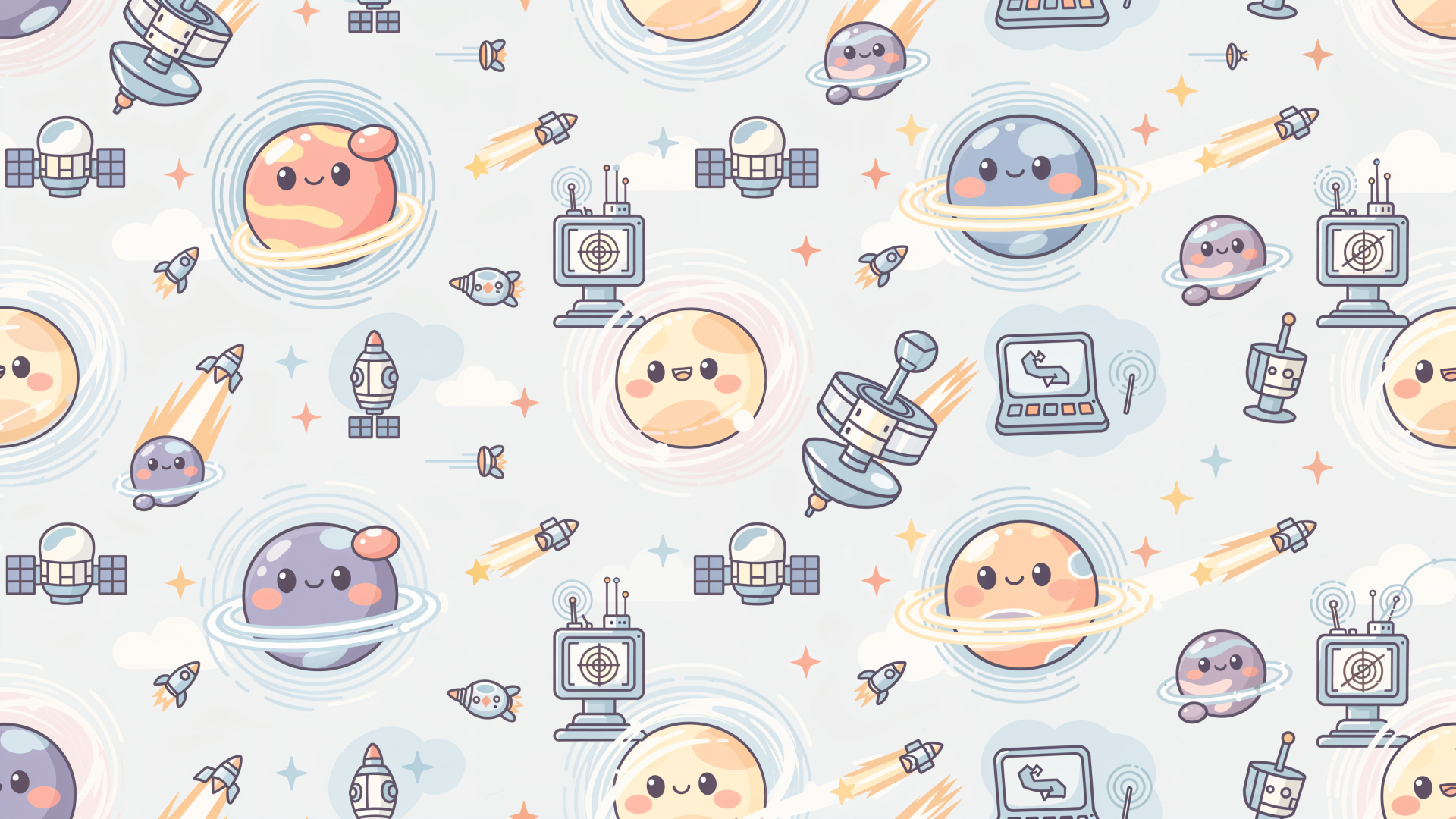 4K Ultra HD PC desktop wallpaper and background: pastel kawaii space pattern with smiling planets, moons, rockets, satellites and tiny stars.
