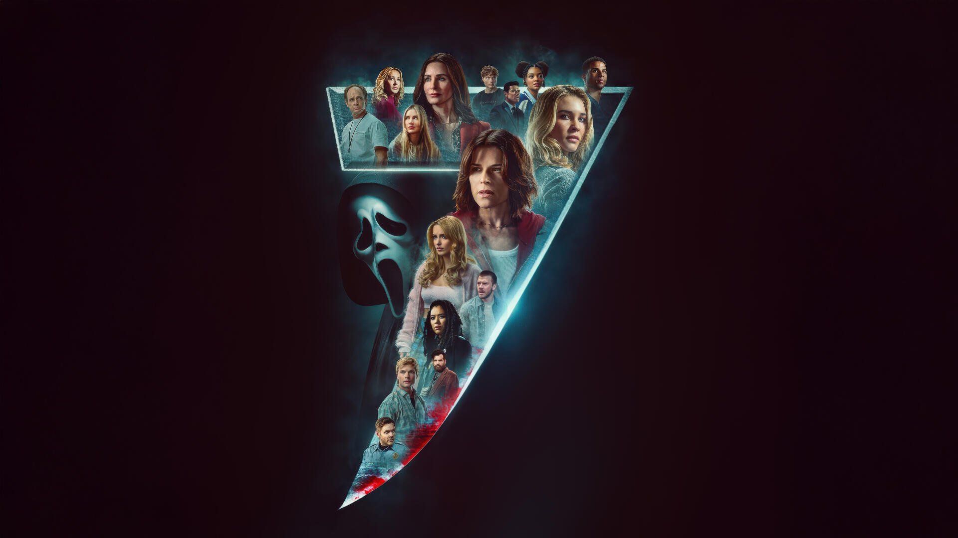 Scream 7 5K Ultra HD PC desktop wallpaper: glowing Ghostface blade forming a triangular collage of characters and portraits on a dark background.