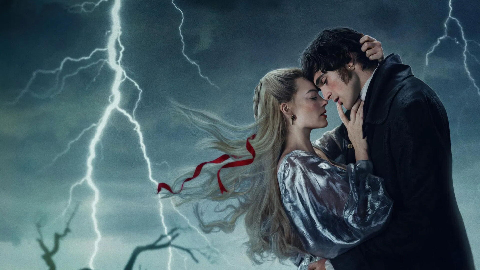 Wuthering Heights 4K Ultra HD PC desktop wallpaper: storm-lashed moor, jagged lightning, wind-tossed woman in silver gown clutching a dark-clad man in a tense embrace.