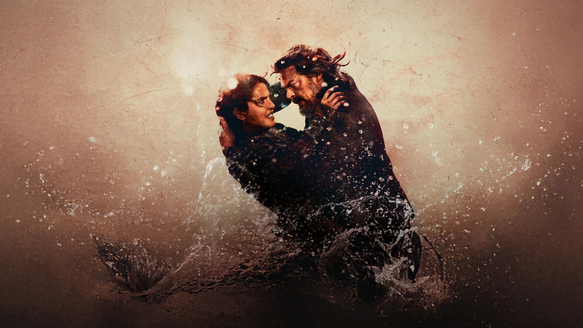 The Bluff — 4K Ultra HD PC desktop wallpaper and background showing two figures embracing as water swirls around them in warm, textured sepia tones.
