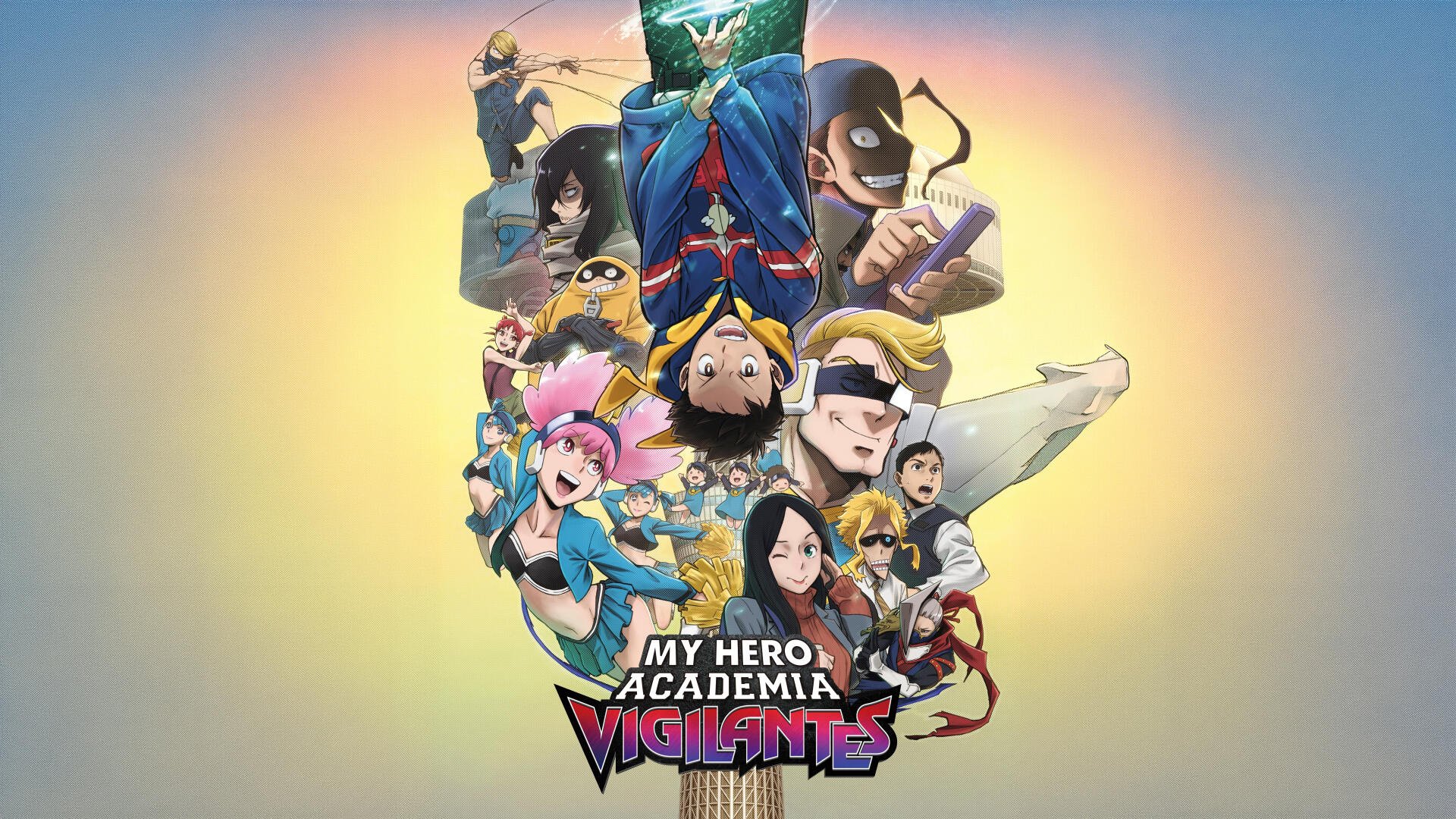 My Hero Academia: Vigilantes 8K Ultra HD PC desktop wallpaper depicting a colorful circular arrangement of vigilante characters around the series logo on a soft gradient background.