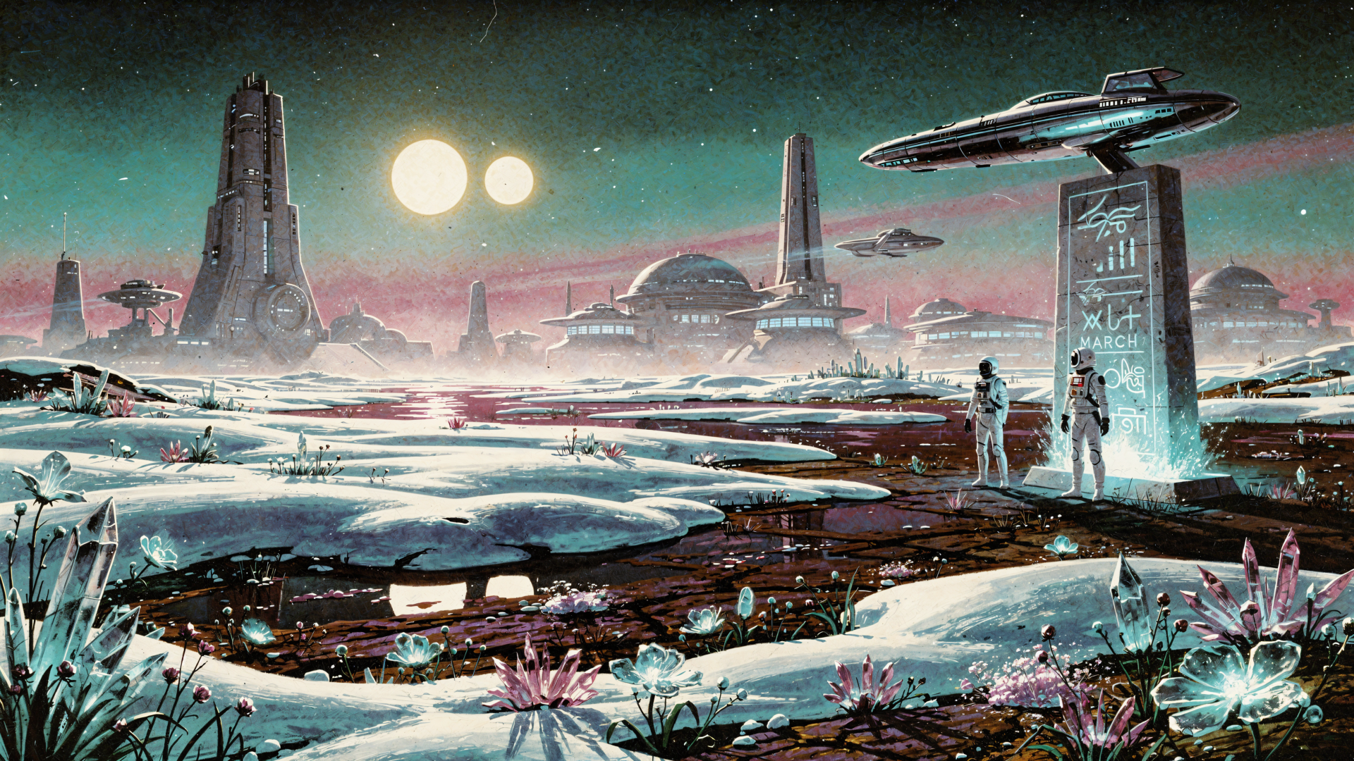 4K Ultra HD PC desktop wallpaper and background: a retro‑futuristic alien shore with crystalline fields, twin suns, hovering ships, domed city skyline and two figures near a glowing monolith.