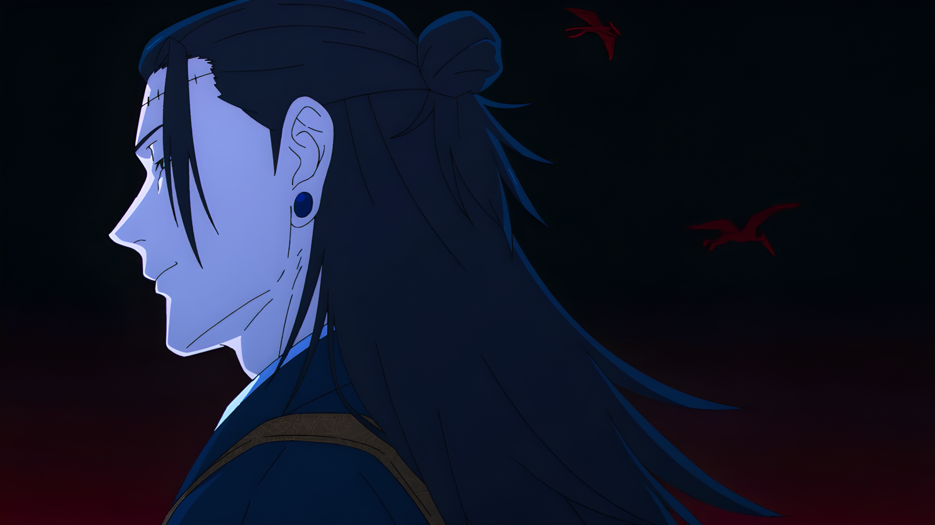 Suguru Geto (Jujutsu Kaisen 3rd Season) profile in dark aesthetic, villainous anime portrait against a red-black 4K Ultra HD PC desktop wallpaper background.