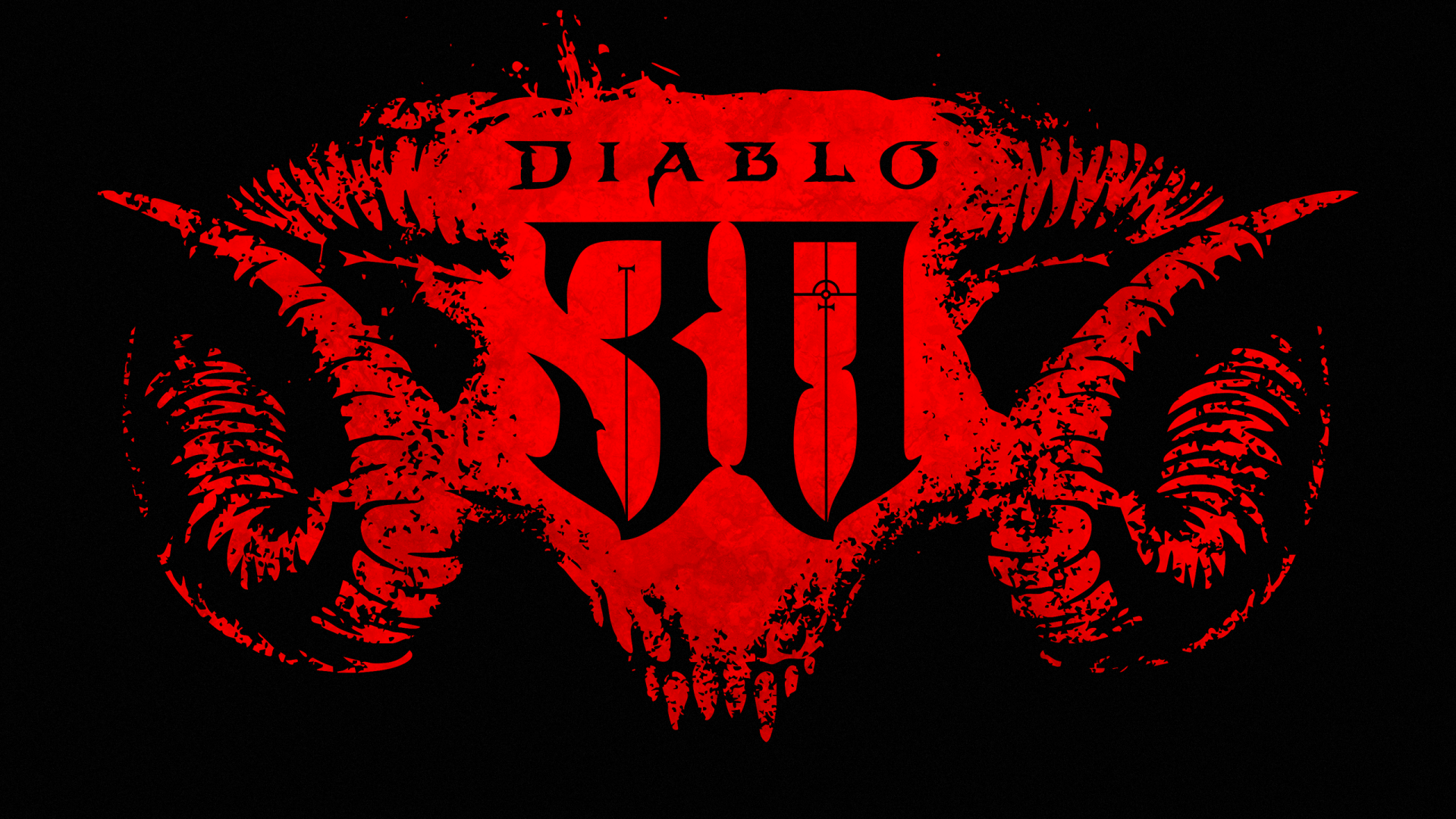 Red Diablo III logo shaped from a demonic ram skull and horns on black; 2K Quad HD PC desktop wallpaper referencing Diablo, Diablo II, Diablo III.