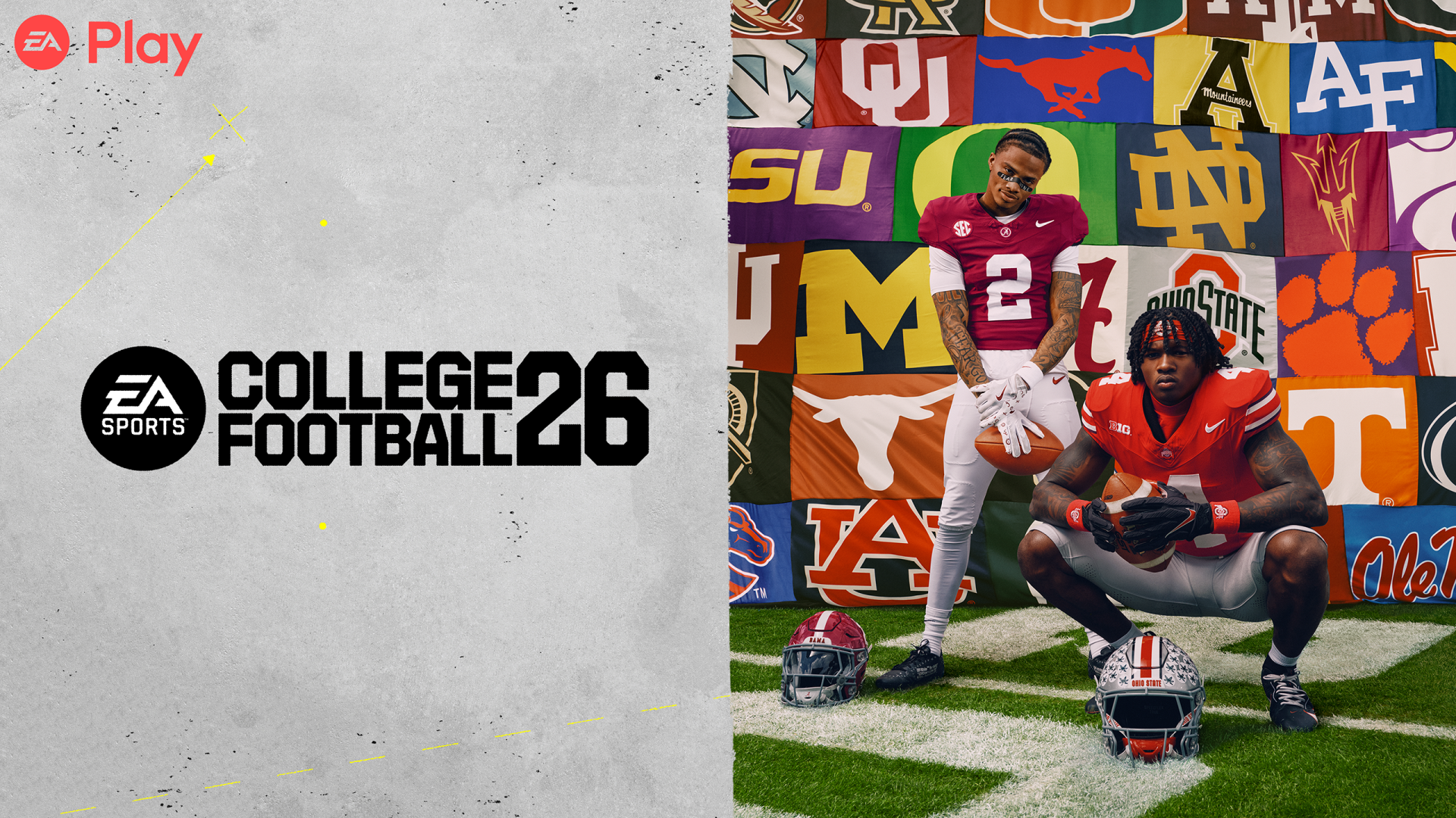 EA SPORTS College Football 26 2K Quad HD PC desktop wallpaper: two college football players pose on turf with helmets and a backdrop of college logos, game logo on the left.