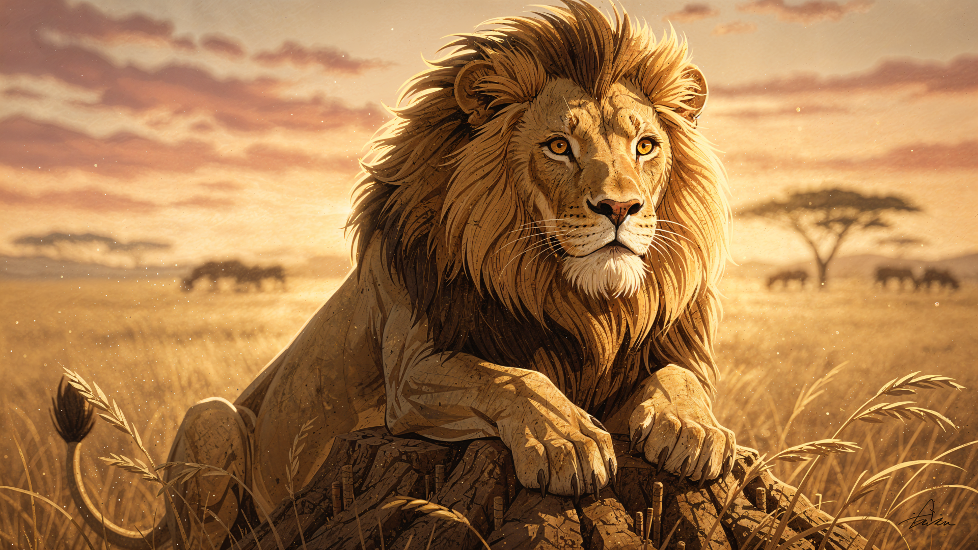 4K Ultra HD PC desktop wallpaper: a regal male lion rests atop a mound in the golden savannah at sunset, acacia silhouettes and tall grass stretching into the distance.
