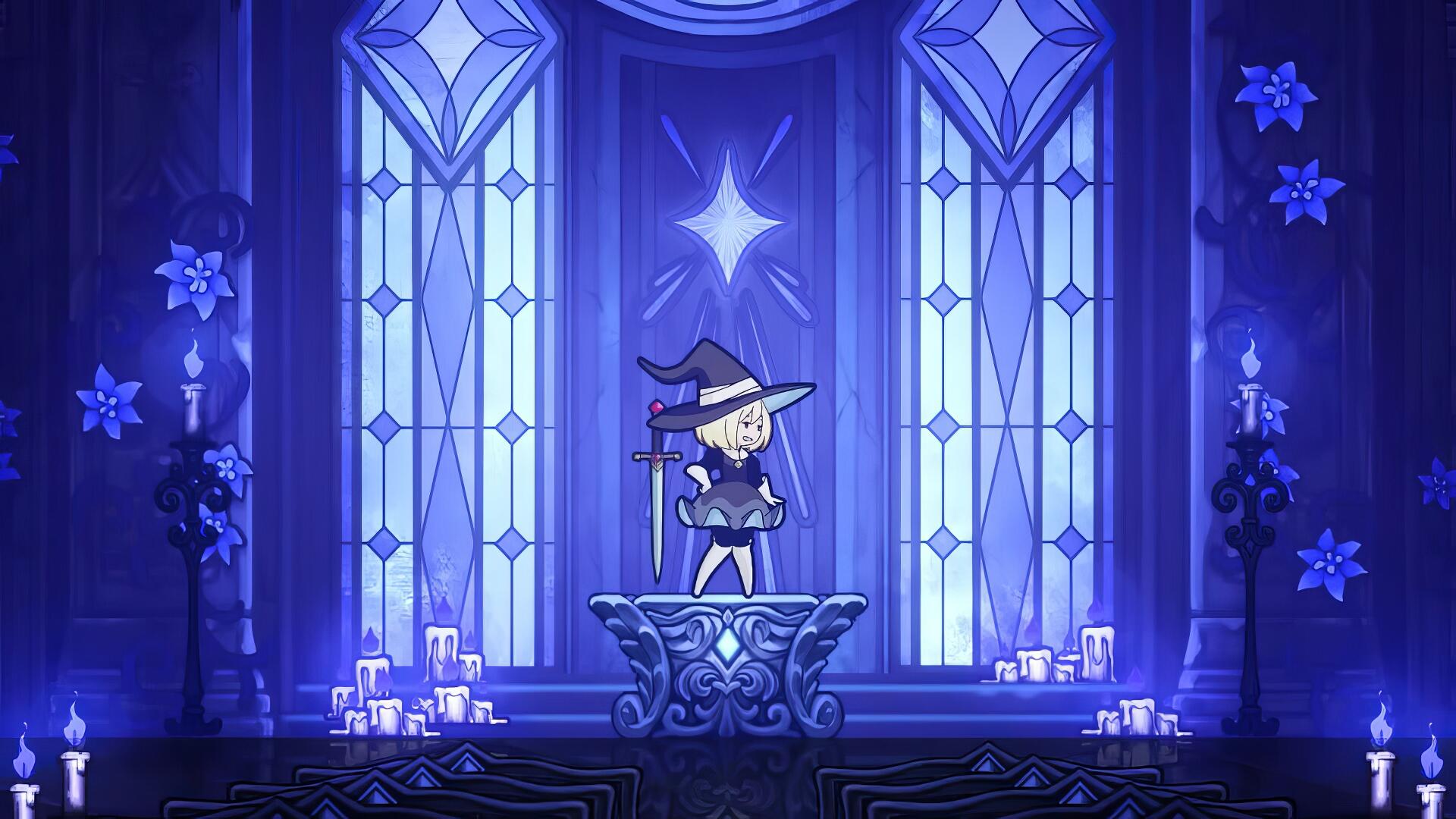 Blue-lit chapel with a witch standing on an altar amid candles and stained glass — HD PC desktop wallpaper for the video game Never Grave: The Witch and The Curse.