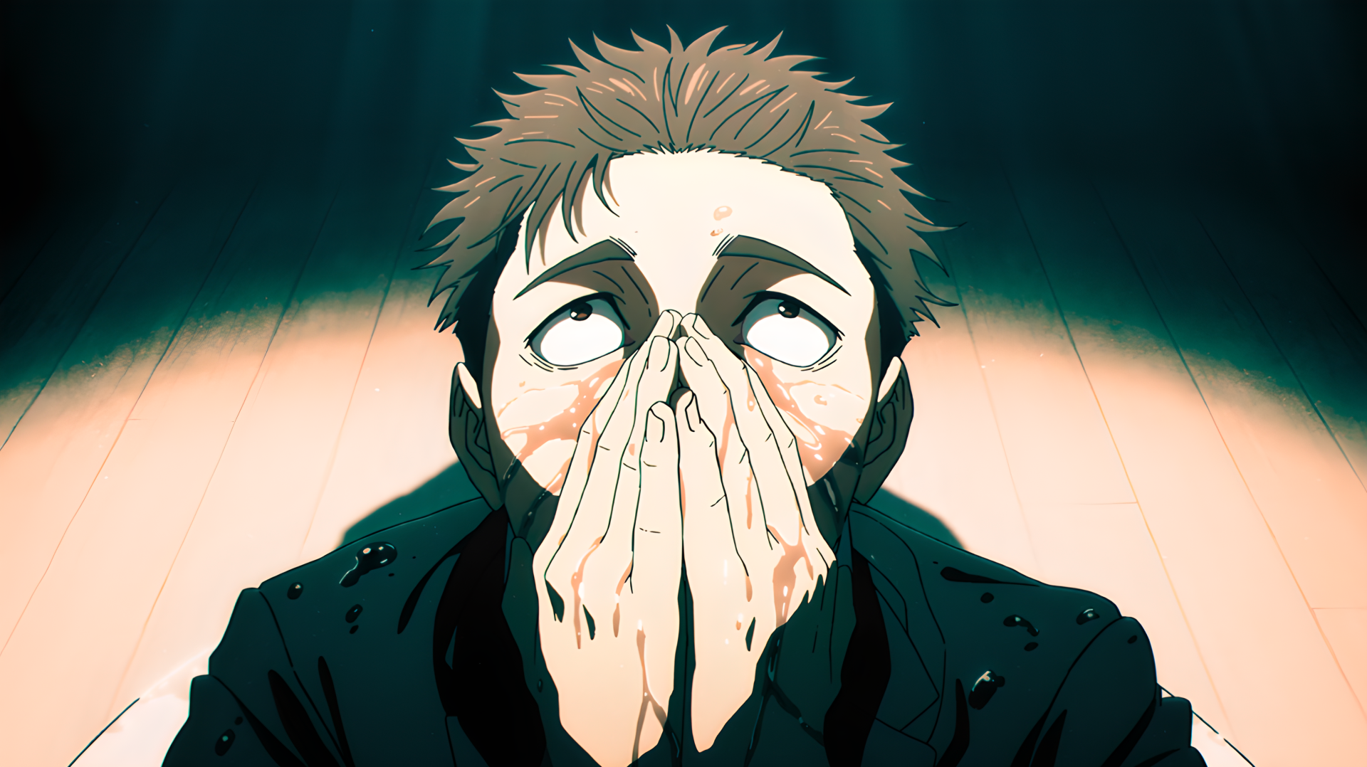 Hiromi Higuruma (Jujutsu Kaisen 3rd Season) — sorcerer protagonist clutching his face, eyes rolled back under intense lighting; 4K Ultra HD PC desktop wallpaper.