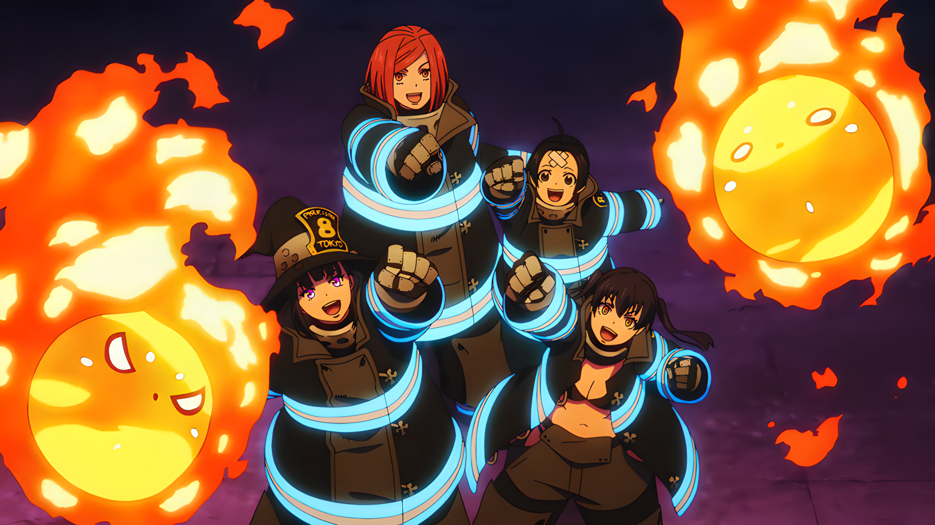 Fire Force 4K Ultra HD PC desktop wallpaper featuring anime girls Tamaki Kotatsu and Maki Oze in firefighting coats, surrounded by playful flame sprites against a dark sky.