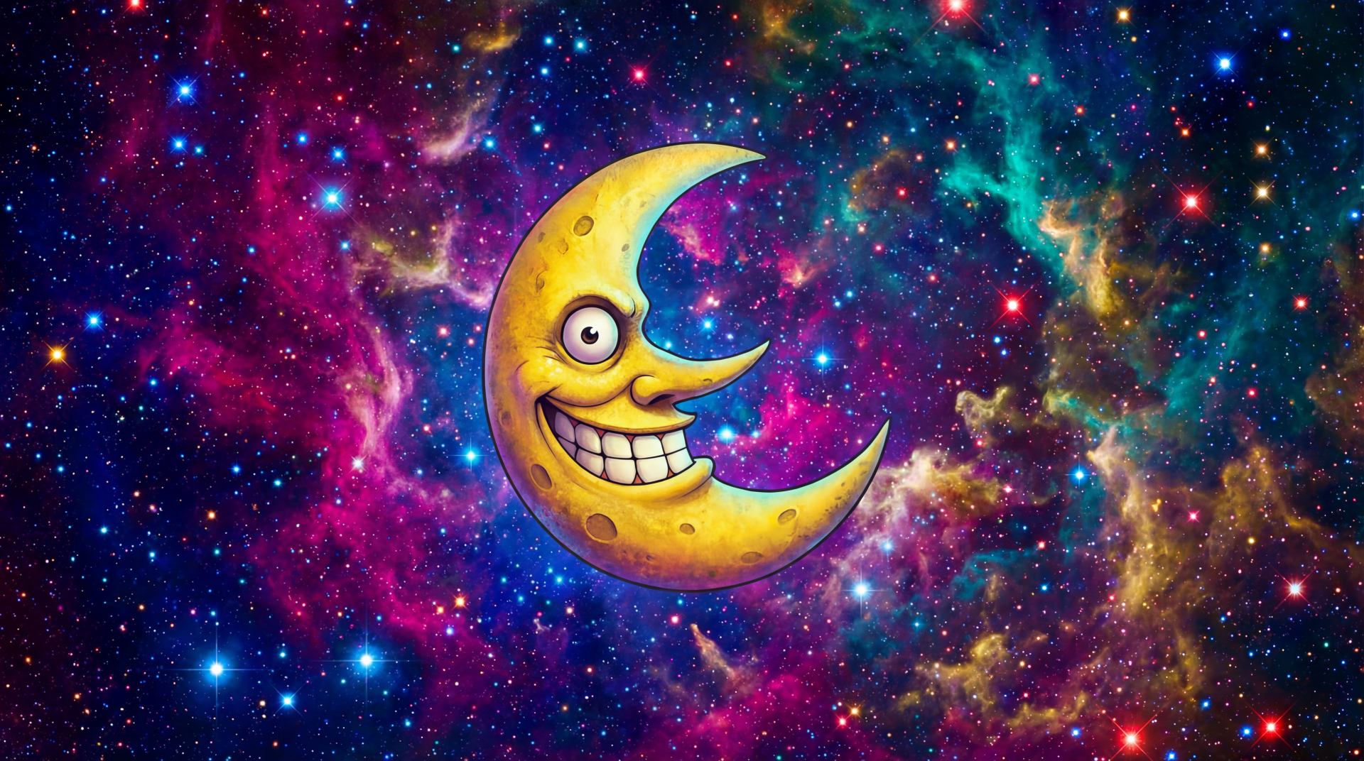 5K Ultra HD PC desktop wallpaper: anime-style grinning crescent moon with a bulging eye smiles amid a vibrant Fire Force, Soul Eater–inspired cosmic nebula background.