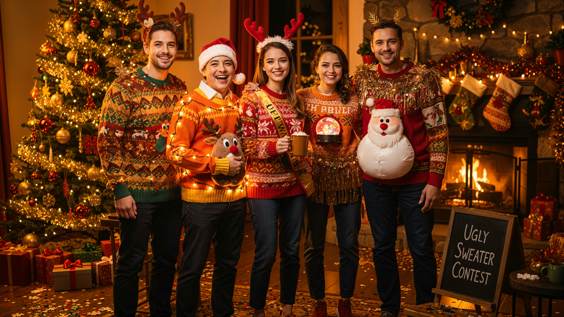 4K Ultra HD PC desktop wallpaper: five people in festive ugly sweaters and Santa/antler accessories pose by a decorated Christmas tree and fireplace, chalkboard reading Ugly Sweater Contest.
