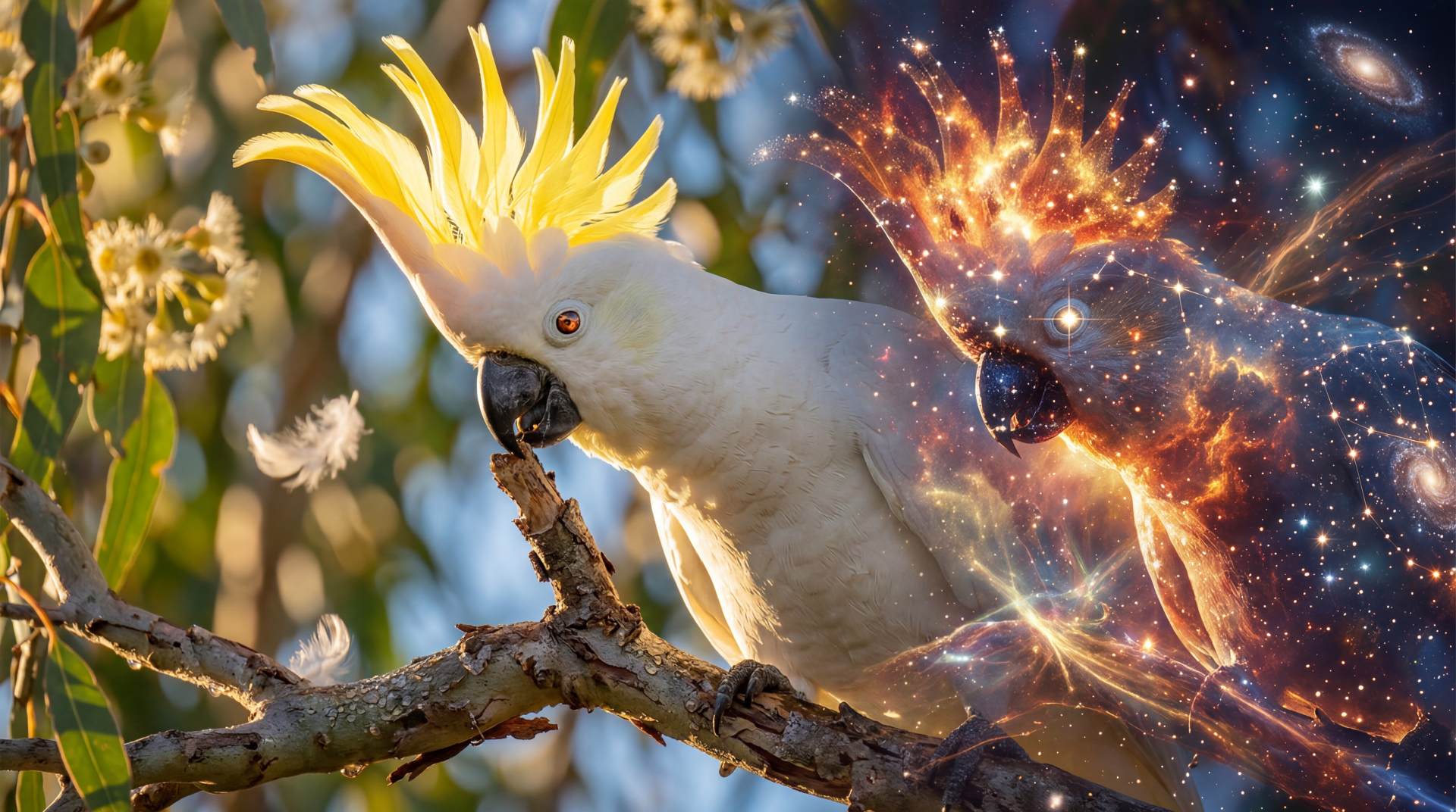 5K Ultra HD desktop wallpaper of a white cockatoo with yellow crest perched on a branch, merged with sparkling cosmic light effects and a starry nebula overlay.