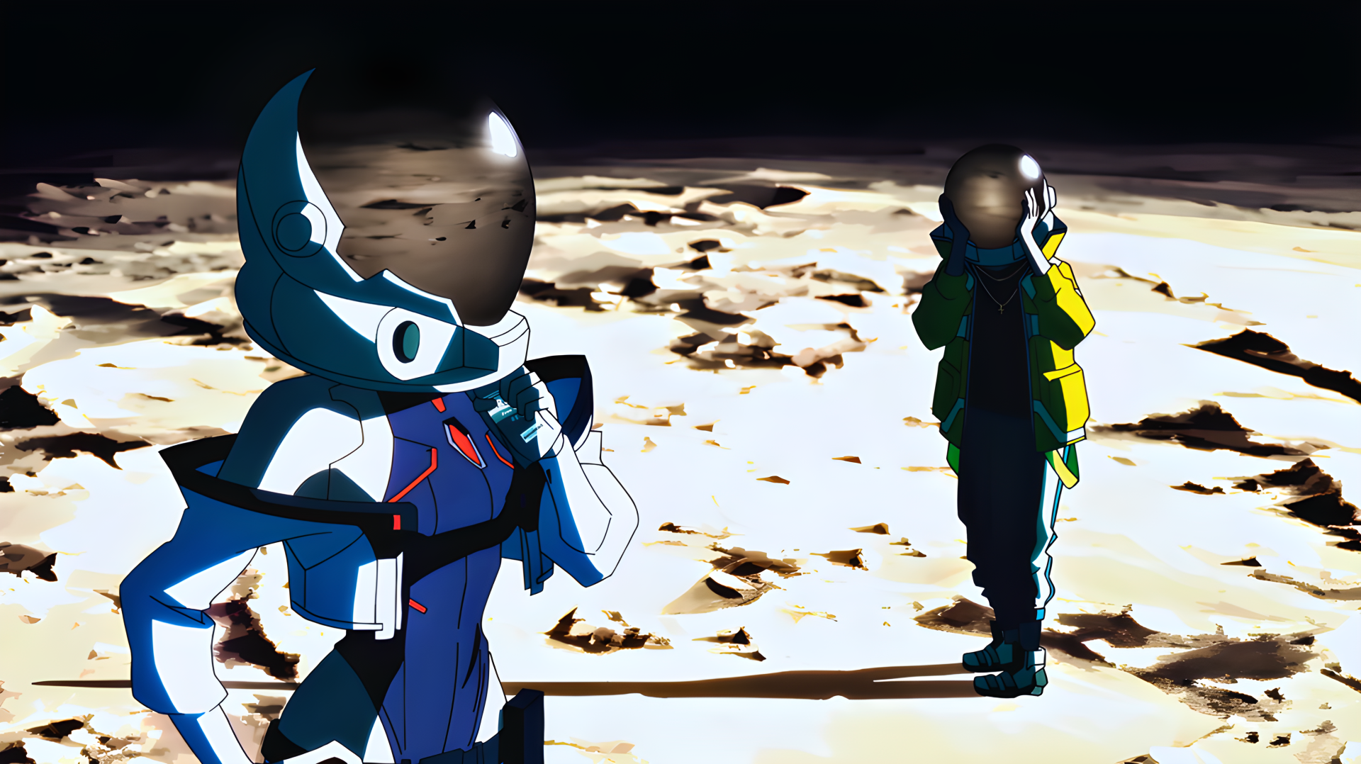 Cyberpunk: Edgerunners 4K Ultra HD PC wallpaper: Lucy and David on a moonlit surface, neon cybernetic suits and stylized anime visuals.