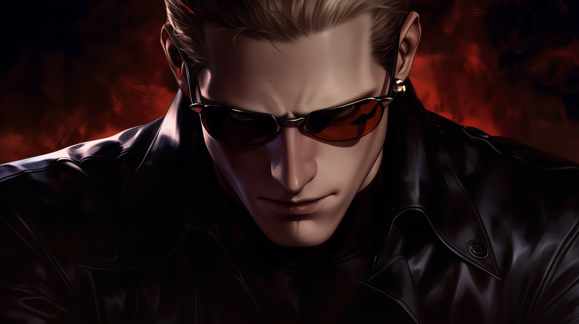 Close-up of Albert Wesker from Resident Evil 5, wearing sunglasses and a leather jacket against a fiery red background — 2K Quad HD PC desktop wallpaper.