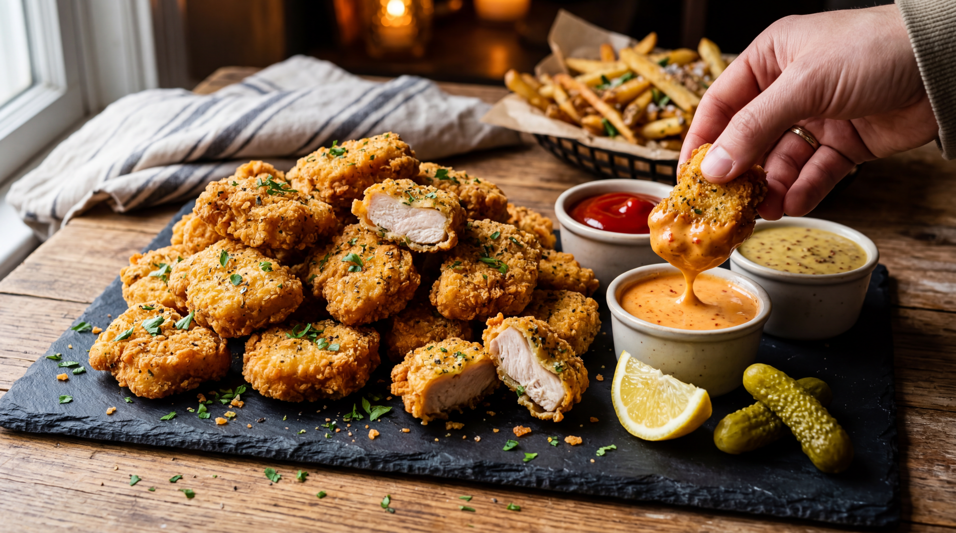 5K Ultra HD PC desktop wallpaper and background of golden chicken nuggets on a slate platter with dipping sauces, lemon, pickles and fries; hand dunking a nugget into spicy sauce.
