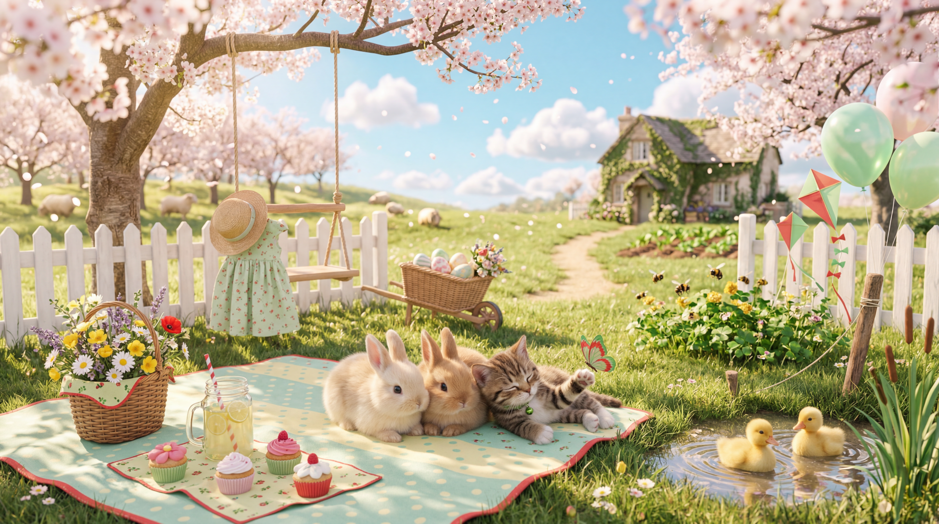 Cute spring 5K Ultra HD PC desktop wallpaper: pastel picnic under cherry blossoms with bunnies, a kitten, ducklings, flowers and a cozy cottage in the distance.