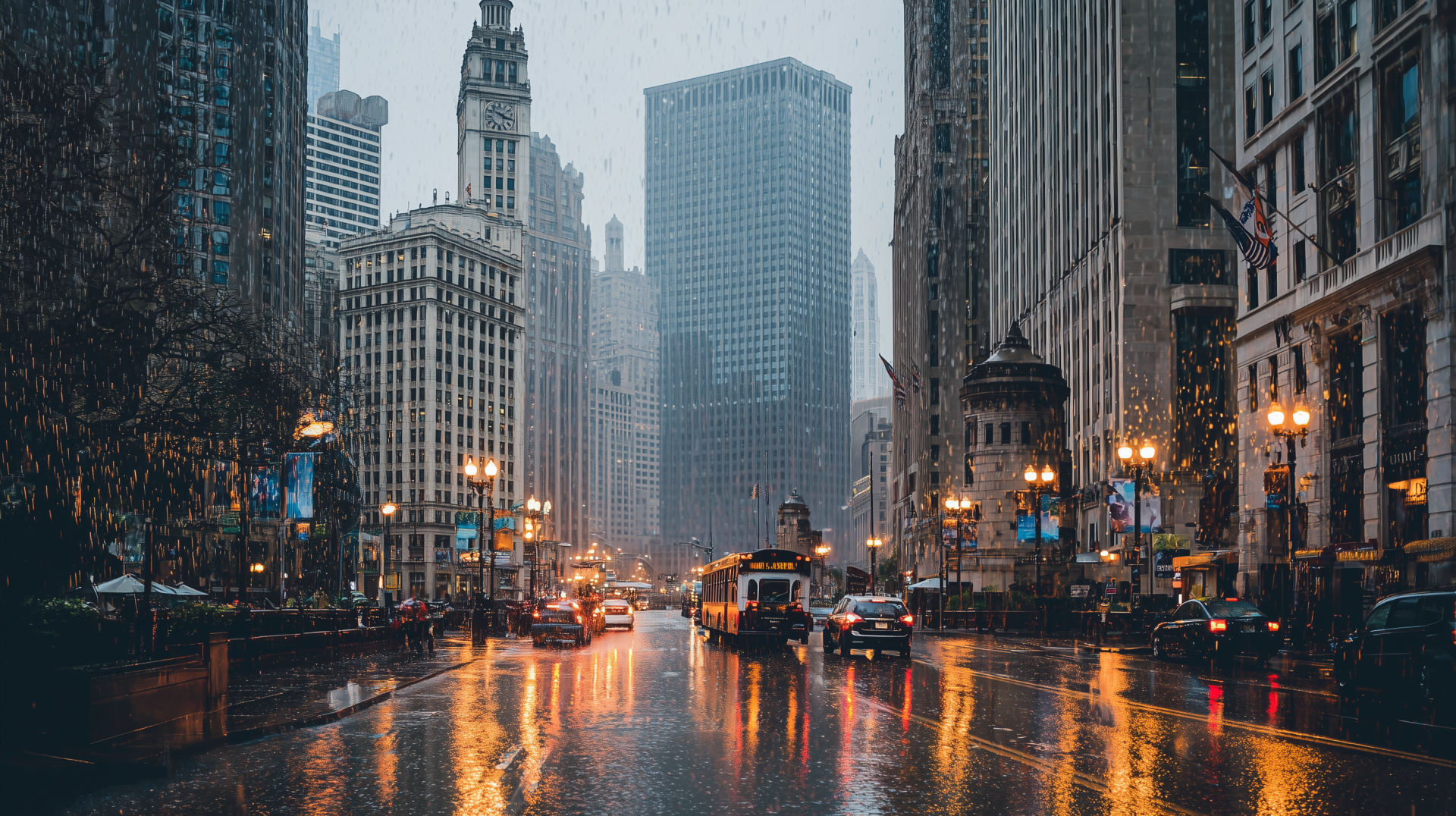 Rain-slick LaSalle Street in Chicago, Illinois, United States — urban architecture, streetcars and glowing reflections; 2K Quad HD PC desktop wallpaper/background.