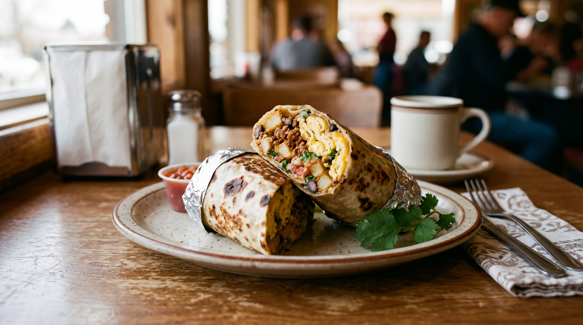 5K Ultra HD PC desktop wallpaper showing a breakfast burrito cut in half on a plate with a coffee cup and a cozy diner interior in soft focus background.