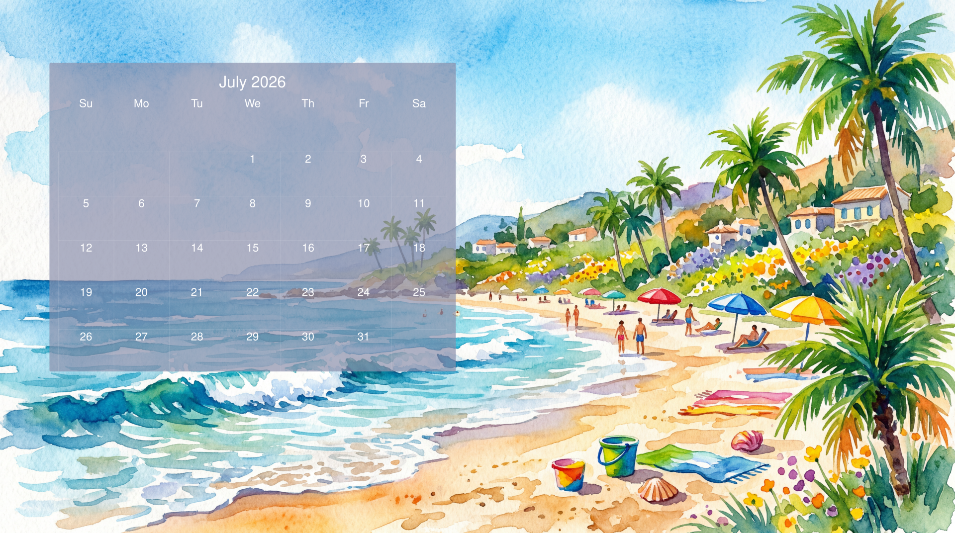 July 2026 calendar over a watercolor beach scene with palm trees, umbrellas and waves — 5K Ultra HD PC desktop wallpaper and background.
