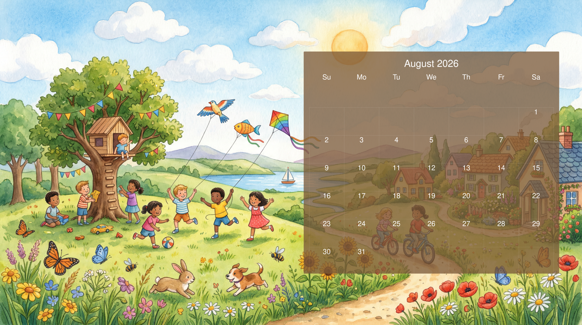 August 2026 calendar on a 5K Ultra HD PC desktop wallpaper: sunlit meadow with children playing by a treehouse, kites, butterflies, rabbits, wildflowers and rolling hills.