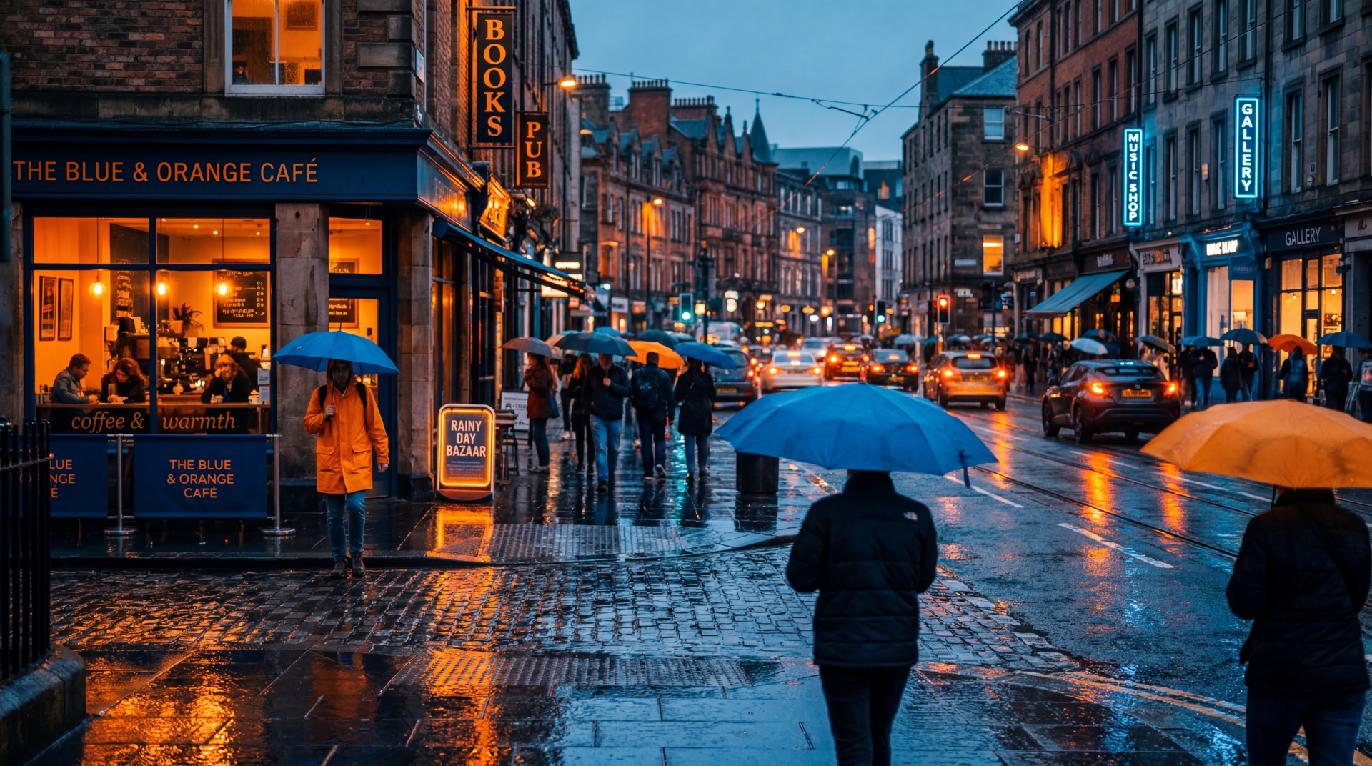 5K Ultra HD PC desktop wallpaper: rainy day city street at dusk, wet cobblestones reflecting neon lights, pedestrians with umbrellas and café glow.