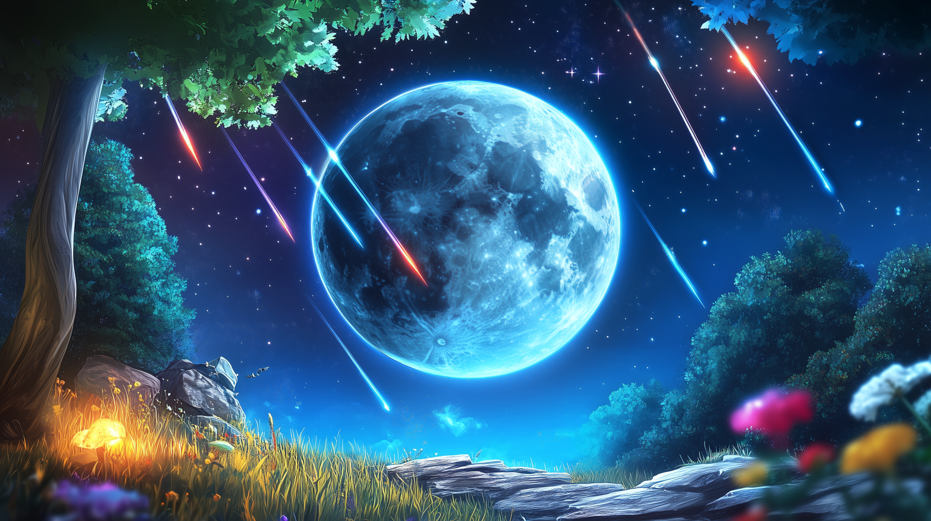 2K Quad HD PC desktop wallpaper: a fantasy landscape with a luminous full moon above a fantastic forest as a meteor shower streaks across a starry sky.