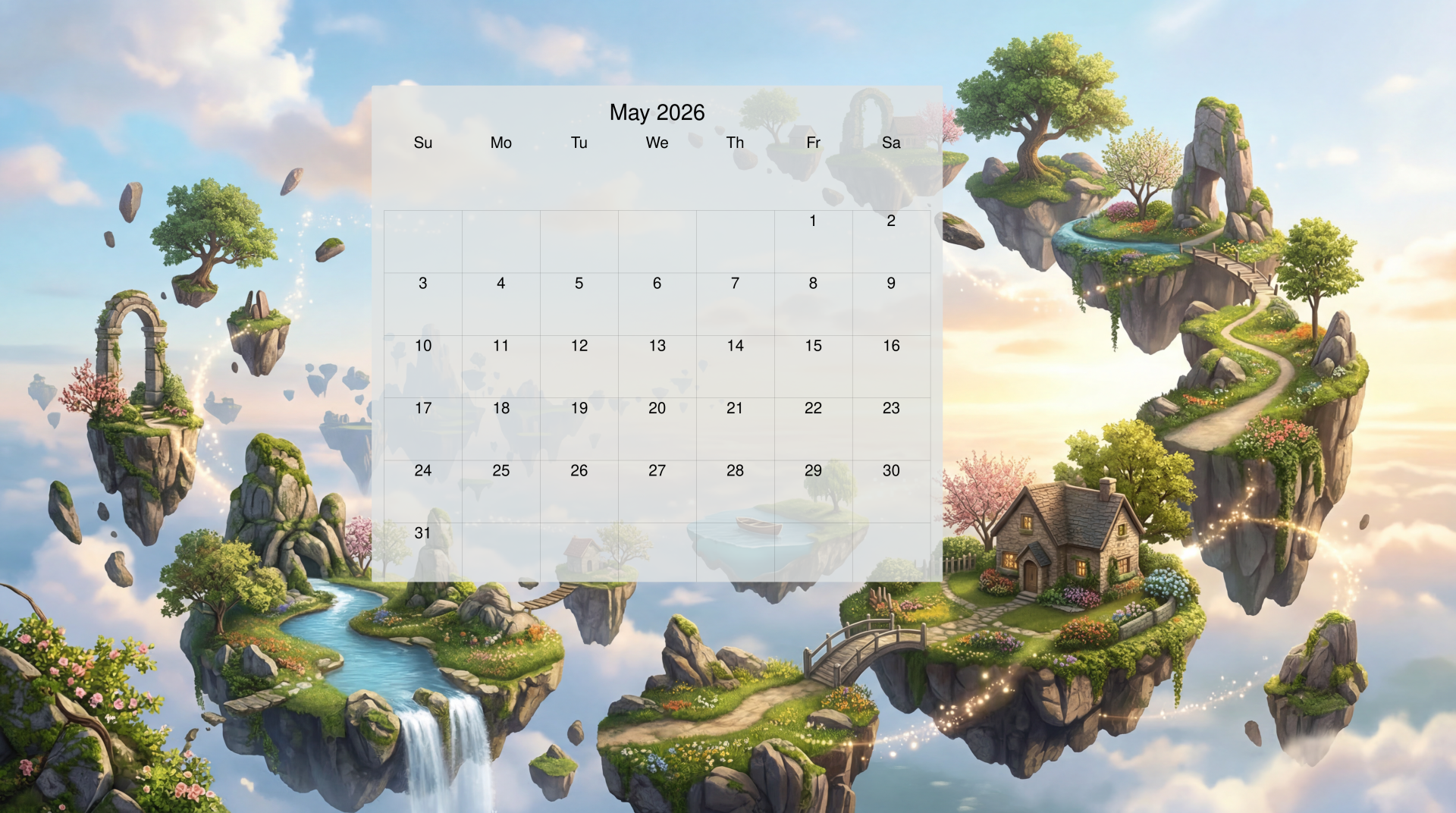 May 2026 calendar over a 5K Ultra HD PC desktop wallpaper: fantasy floating islands with waterfalls, winding paths and a cottage, soft sky and sunlight.