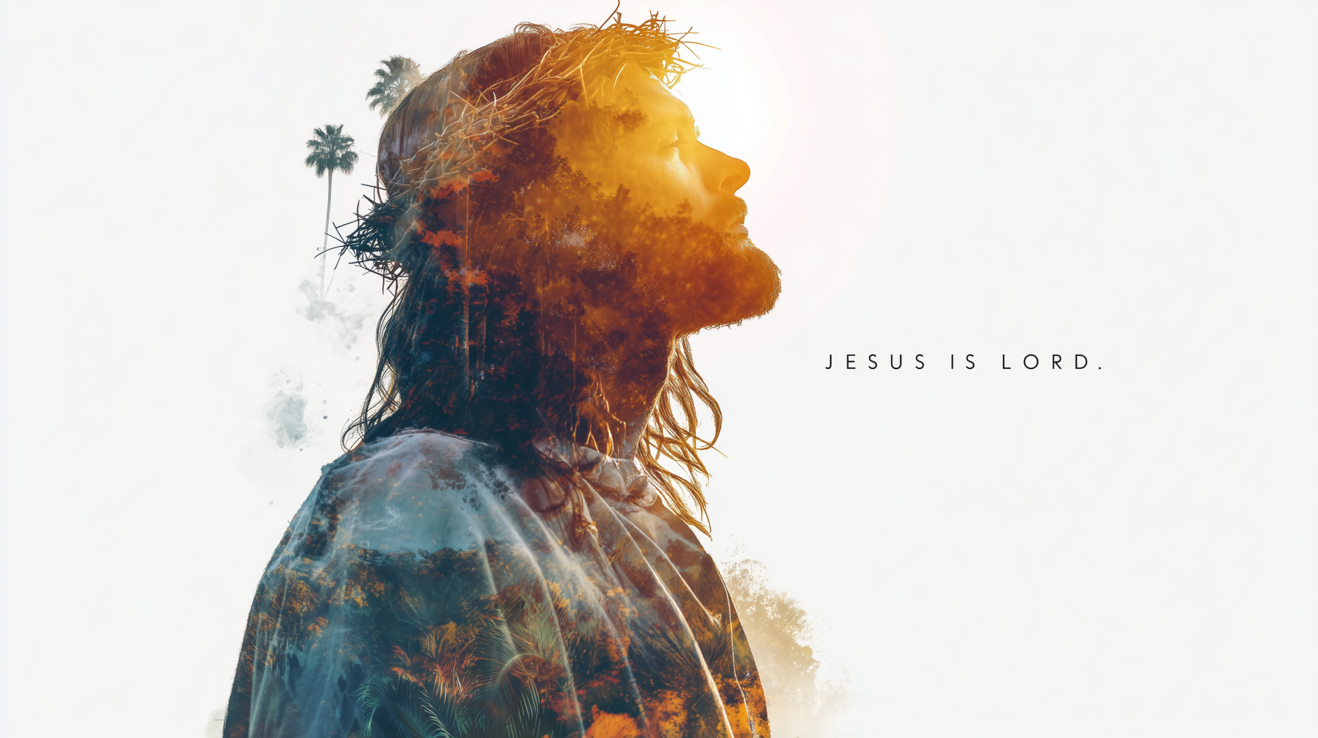 Double-exposure 2K Quad HD desktop wallpaper of Jesus in profile, layered with landscapes and sunlight, minimalist white background with centered text JESUS IS LORD.