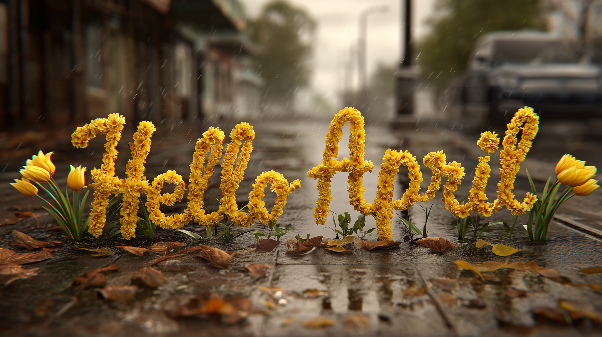 2K Quad HD PC desktop wallpaper: Hello April spelled in yellow tulip blooms on a rain-slick sidewalk, fallen leaves and puddles reflecting soft spring light.