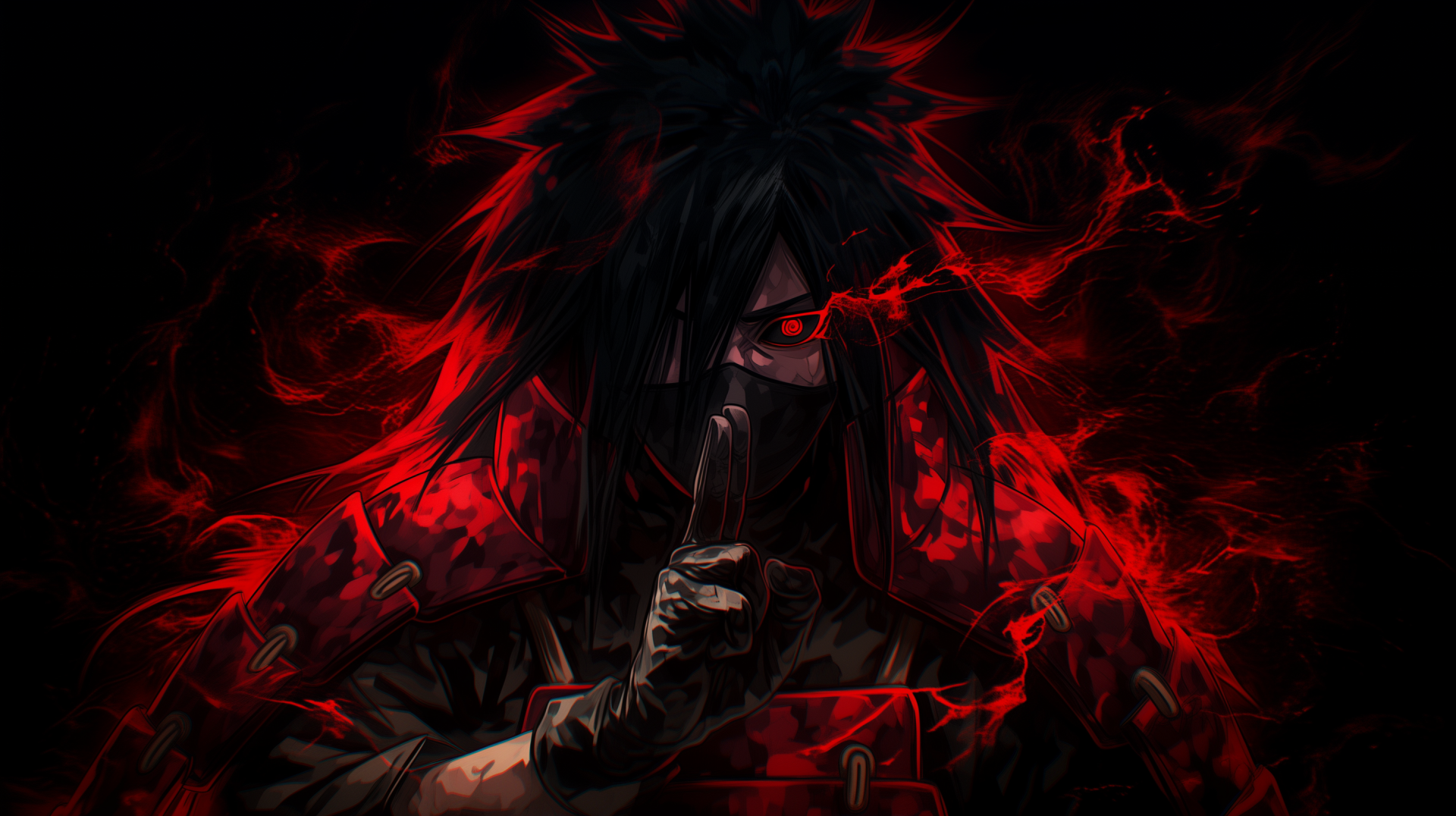 Madara Uchiha (Naruto) in red-and-black, Sharingan glowing, dark cloak and swirling red chakra—2K Quad HD PC desktop anime wallpaper/background.