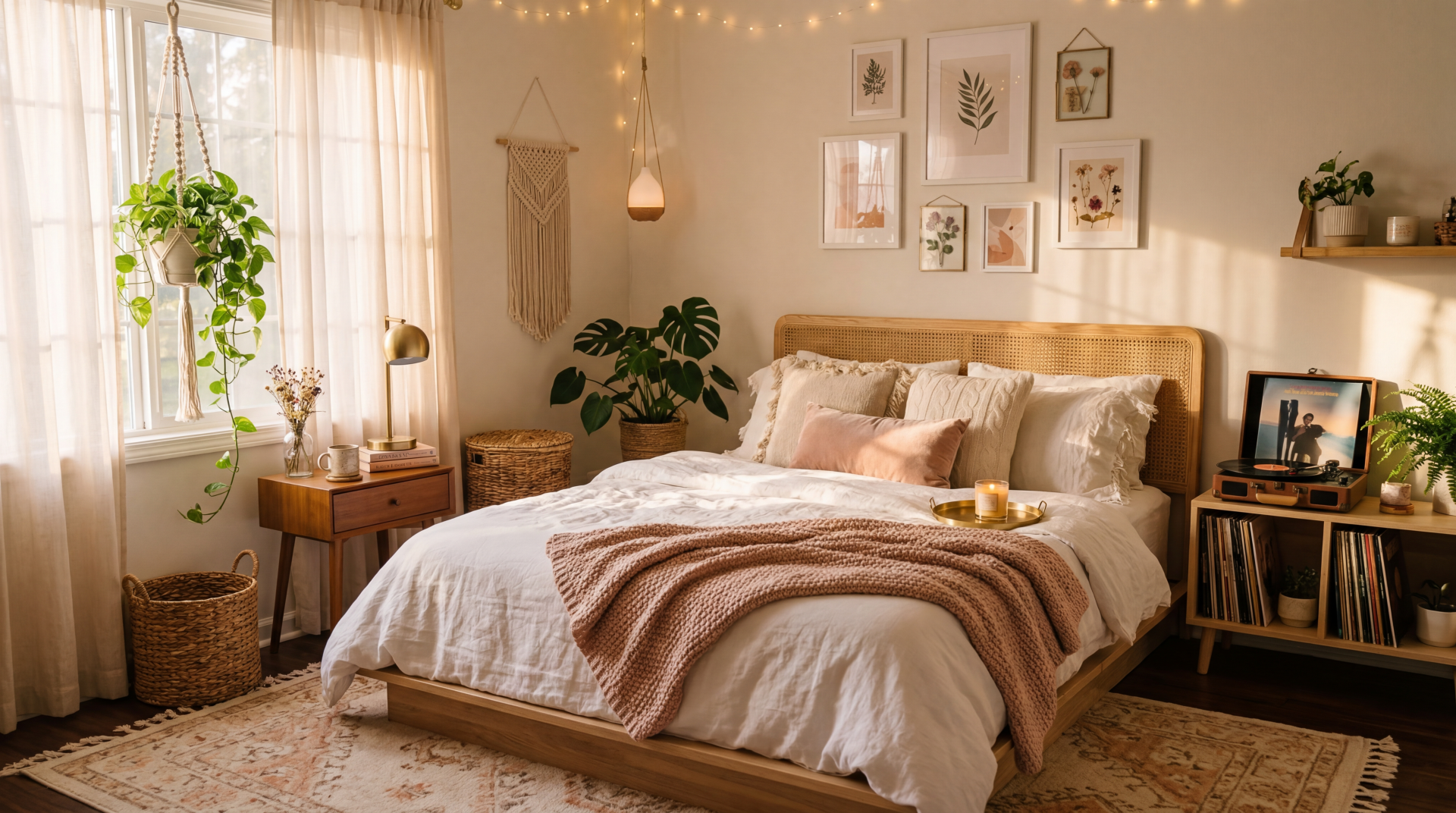 Aesthetic bedroom in warm neutrals with layered bedding, plants, macramé and string lights — 5K Ultra HD PC desktop wallpaper and background.