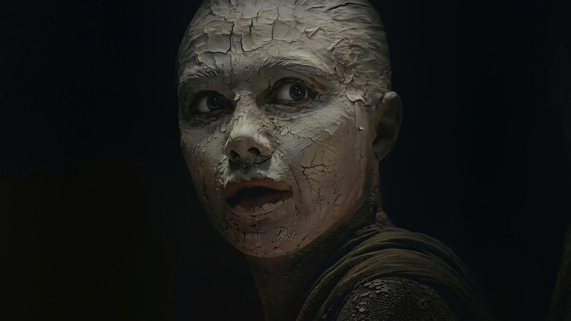 Close-up of a cracked, clay-like face in shadow from the movie Dune: Part Three, 2K Quad HD PC desktop wallpaper and background.