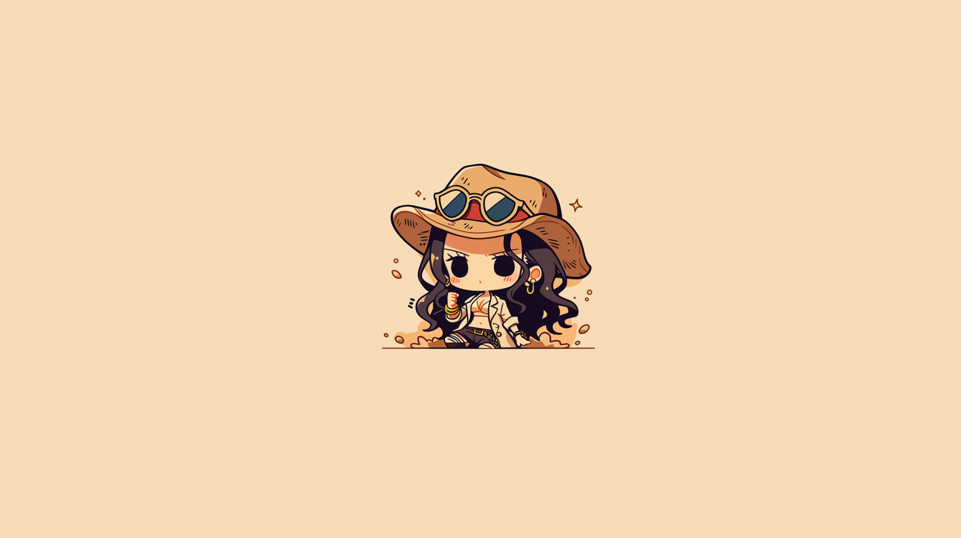 Chibi Nico Robin (One Piece) anime AI art — wearing a straw hat and goggles, centered on a minimalist beige 2K Quad HD PC desktop wallpaper.