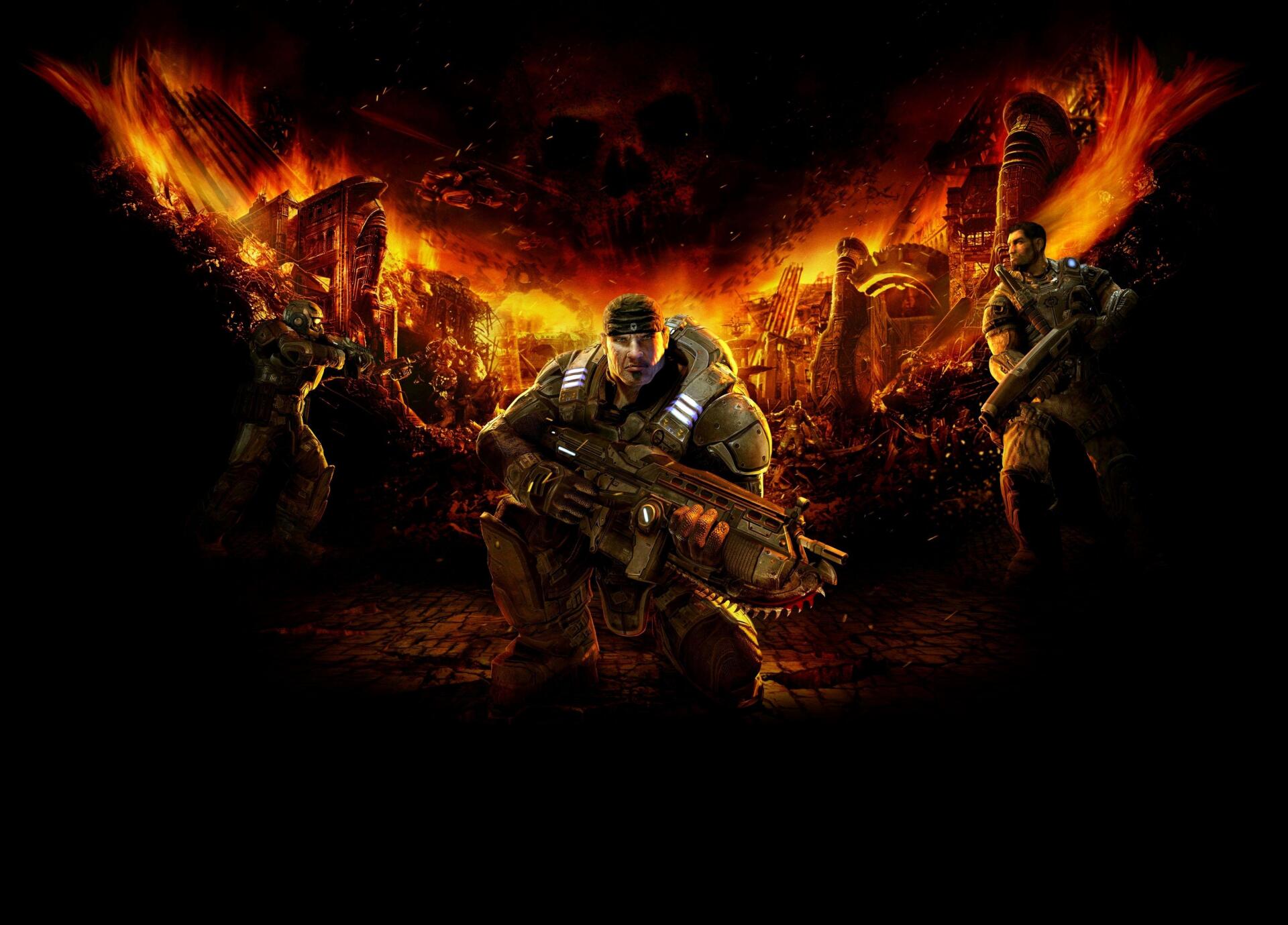 Gears of War 2K Quad HD PC desktop wallpaper/background: battle-hardened soldiers clutching heavy firearms crouch amid flames and a ruined cityscape.